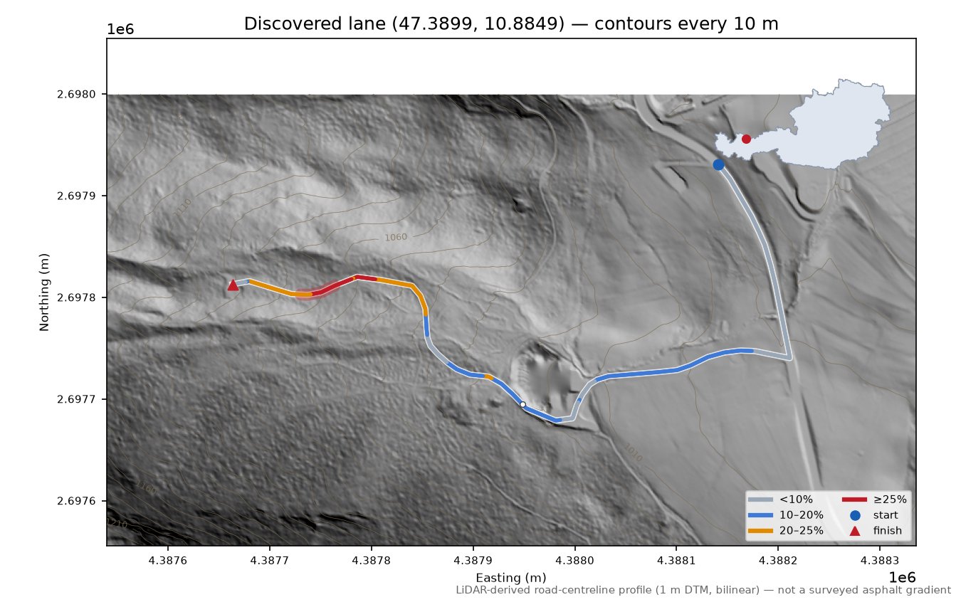 Discovered lane (47.3899, 10.8849) LiDAR hillshade map with contours