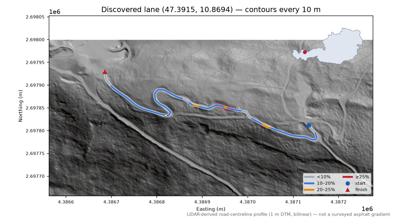 Discovered lane (47.3915, 10.8694) LiDAR hillshade map with contours