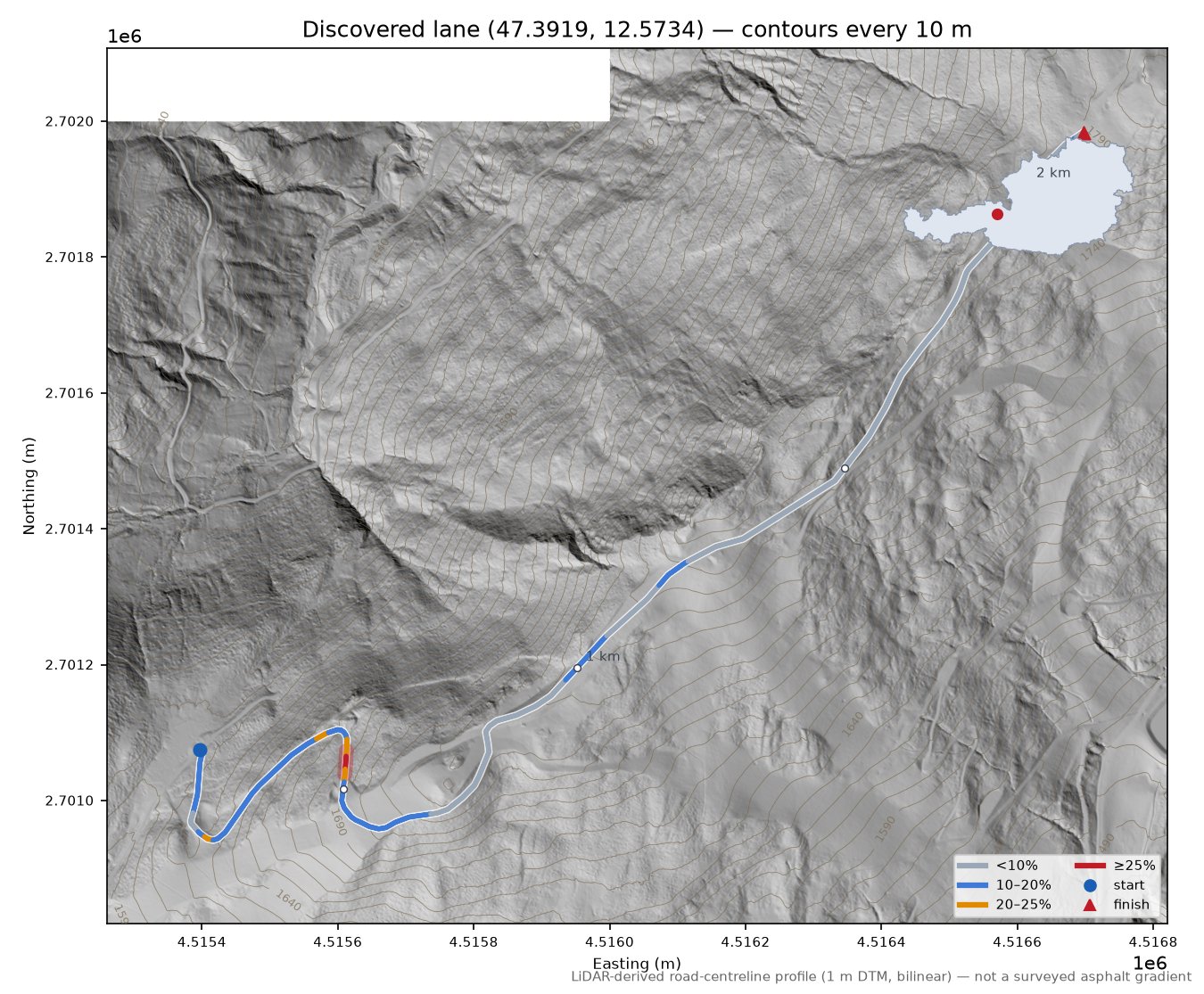 Discovered lane (47.3919, 12.5734) LiDAR hillshade map with contours