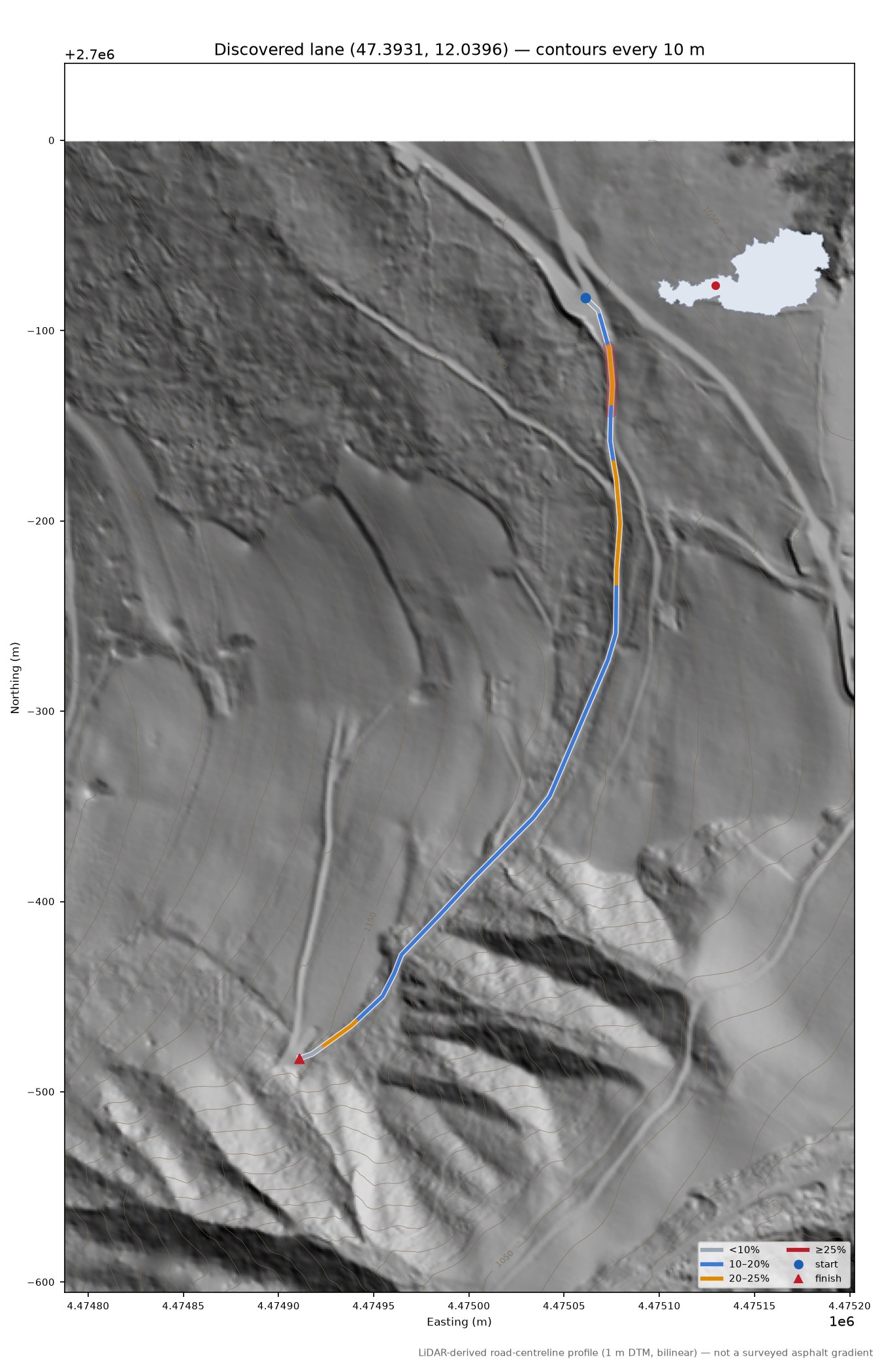Discovered lane (47.3931, 12.0396) LiDAR hillshade map with contours