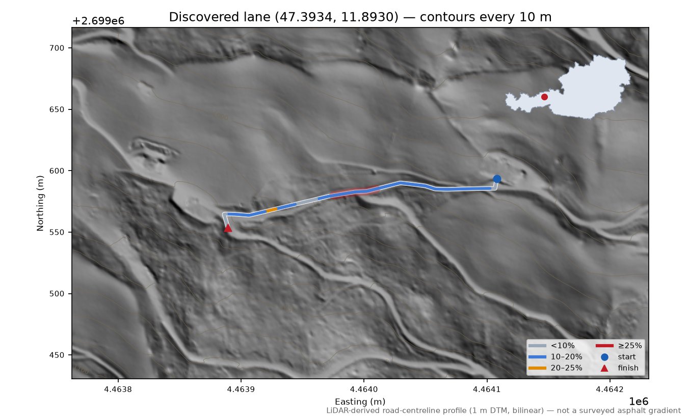 Discovered lane (47.3934, 11.8930) LiDAR hillshade map with contours