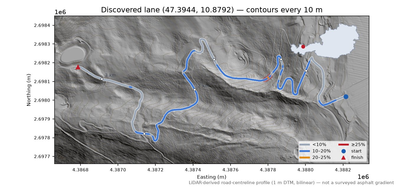 Discovered lane (47.3944, 10.8792) LiDAR hillshade map with contours