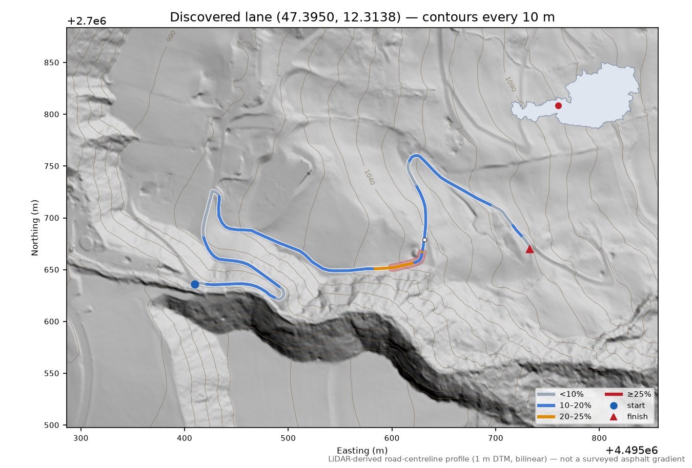 Discovered lane (47.3950, 12.3138) LiDAR hillshade map with contours
