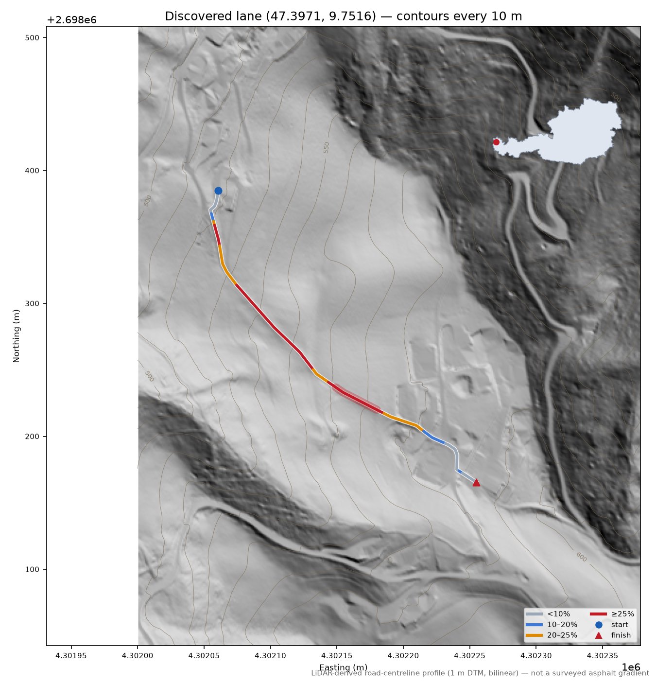 Discovered lane (47.3971, 9.7516) LiDAR hillshade map with contours