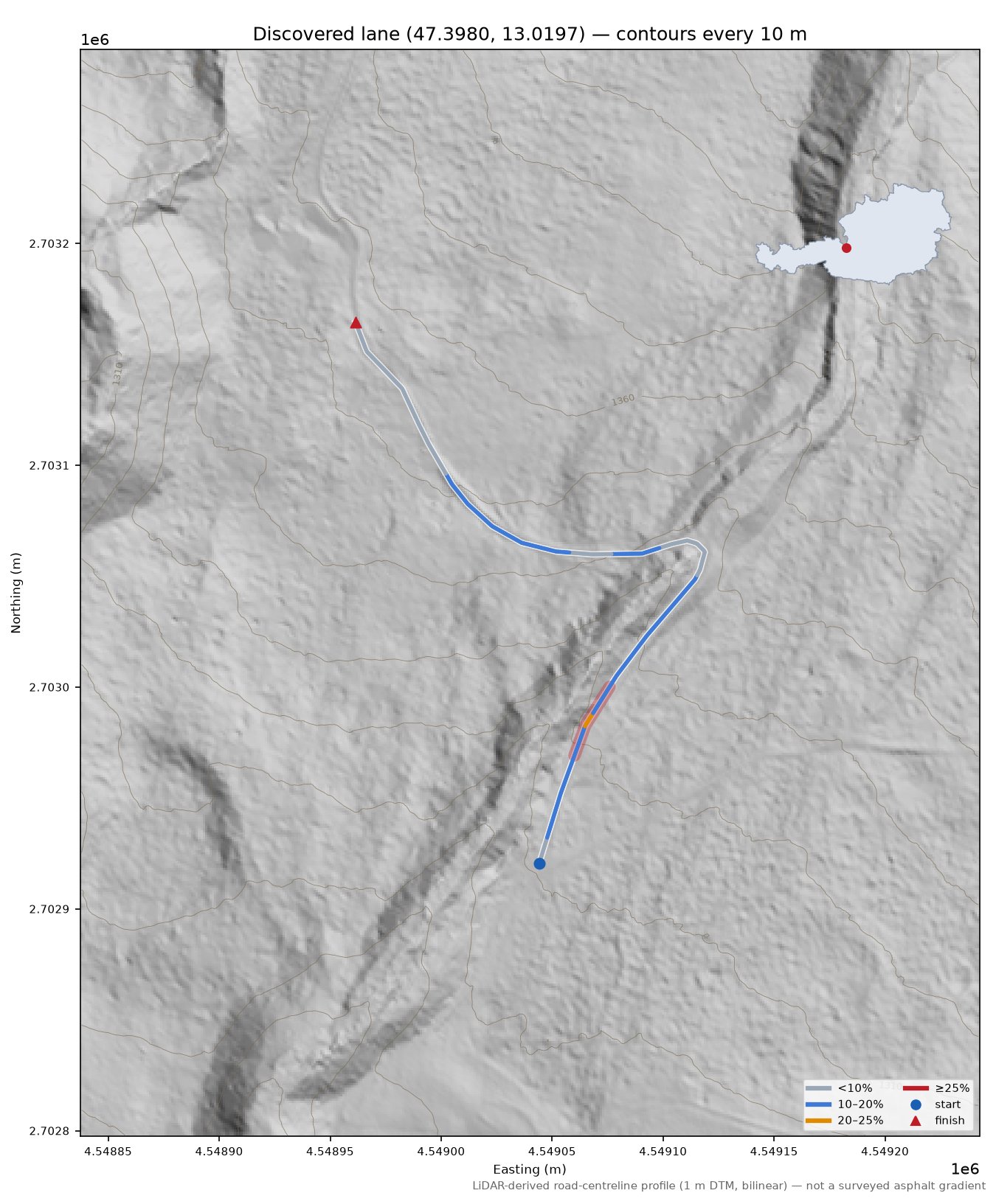 Discovered lane (47.3980, 13.0197) LiDAR hillshade map with contours
