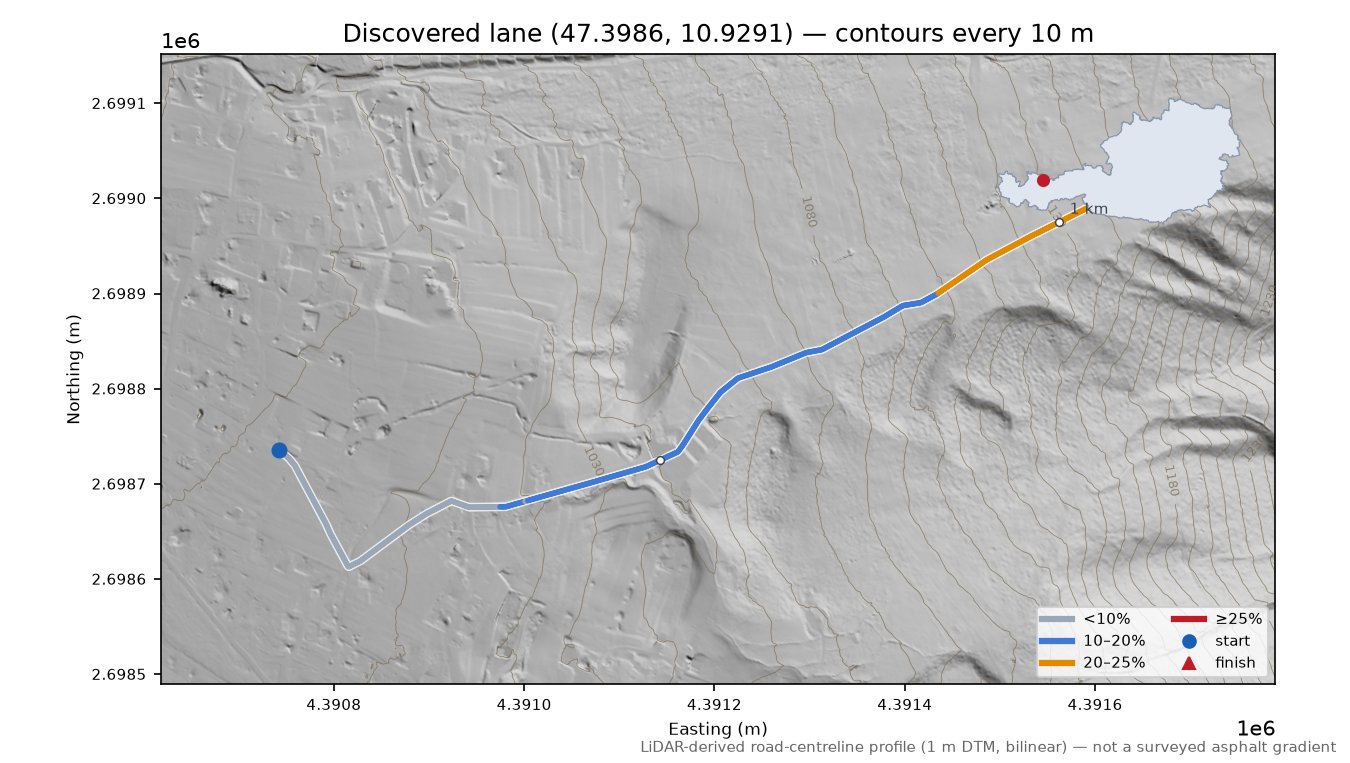 Discovered lane (47.3986, 10.9291) LiDAR hillshade map with contours