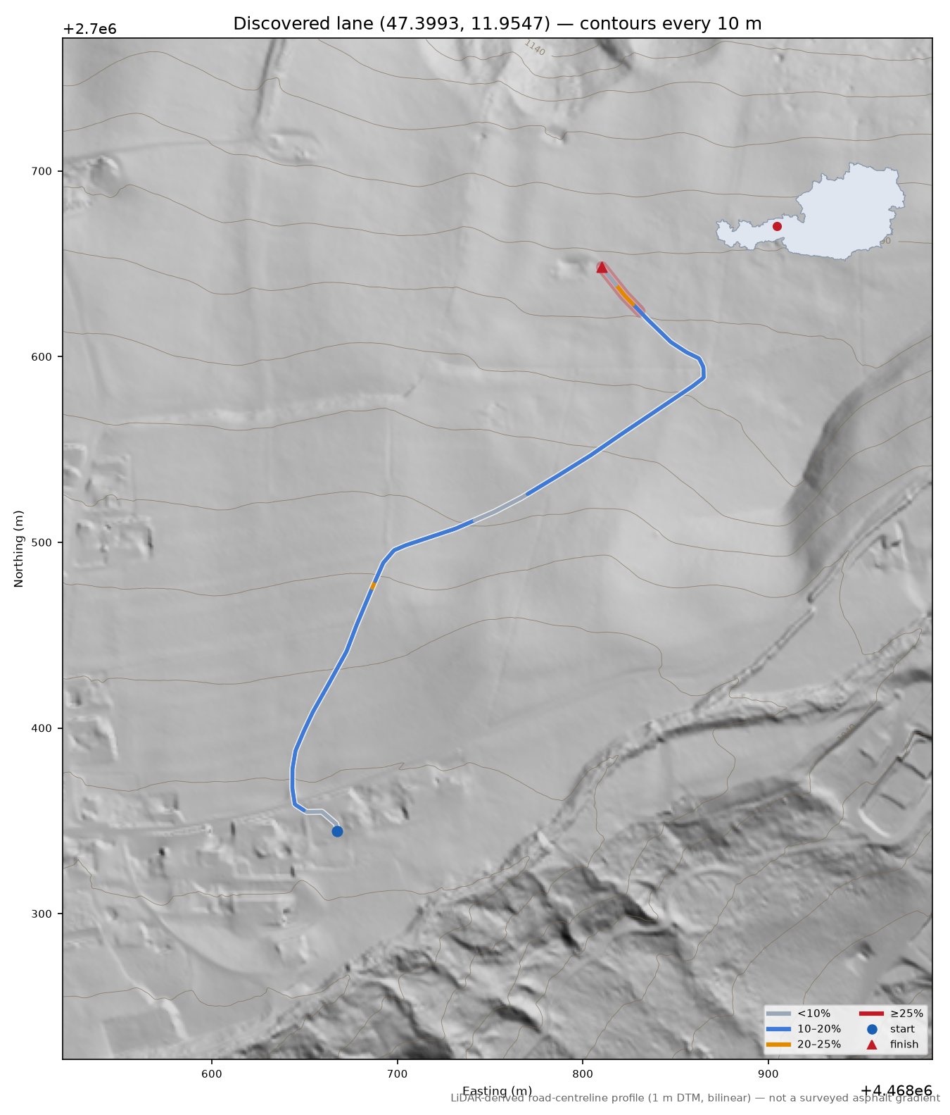 Discovered lane (47.3993, 11.9547) LiDAR hillshade map with contours