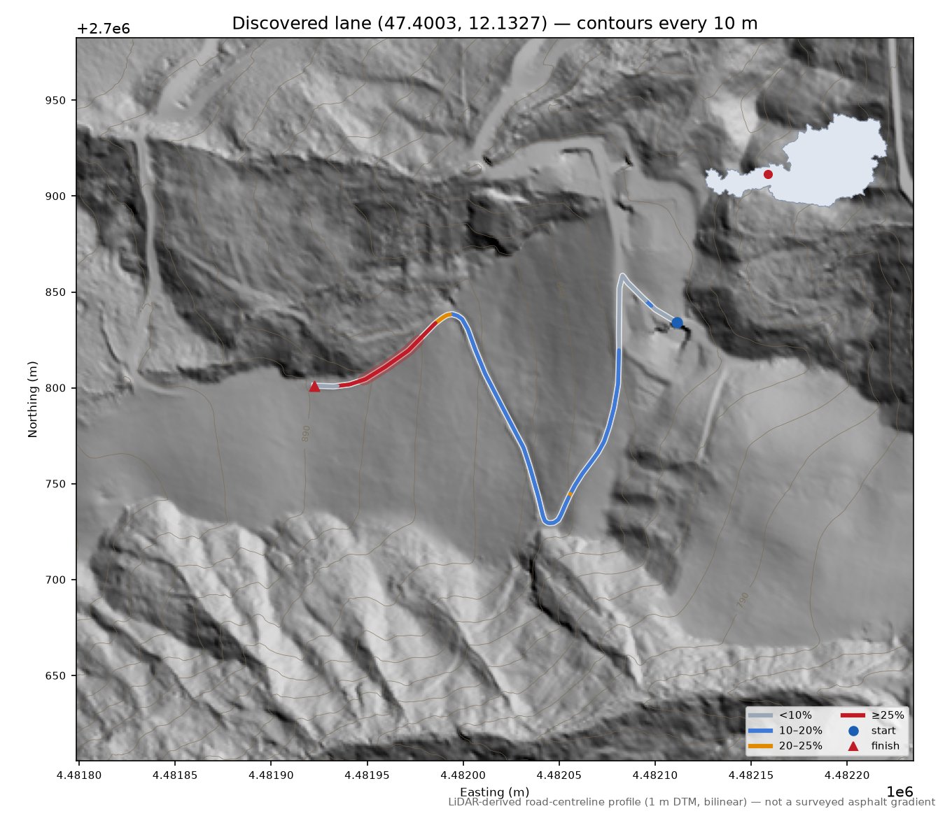 Discovered lane (47.4003, 12.1327) LiDAR hillshade map with contours