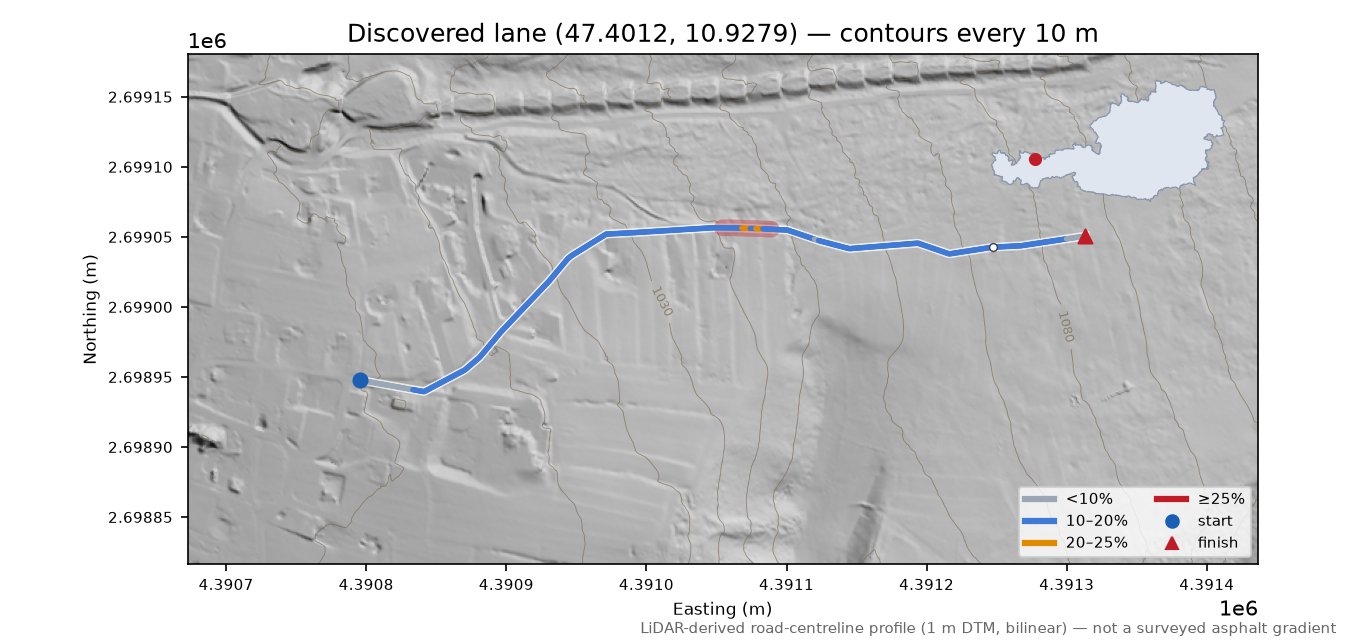 Discovered lane (47.4012, 10.9279) LiDAR hillshade map with contours