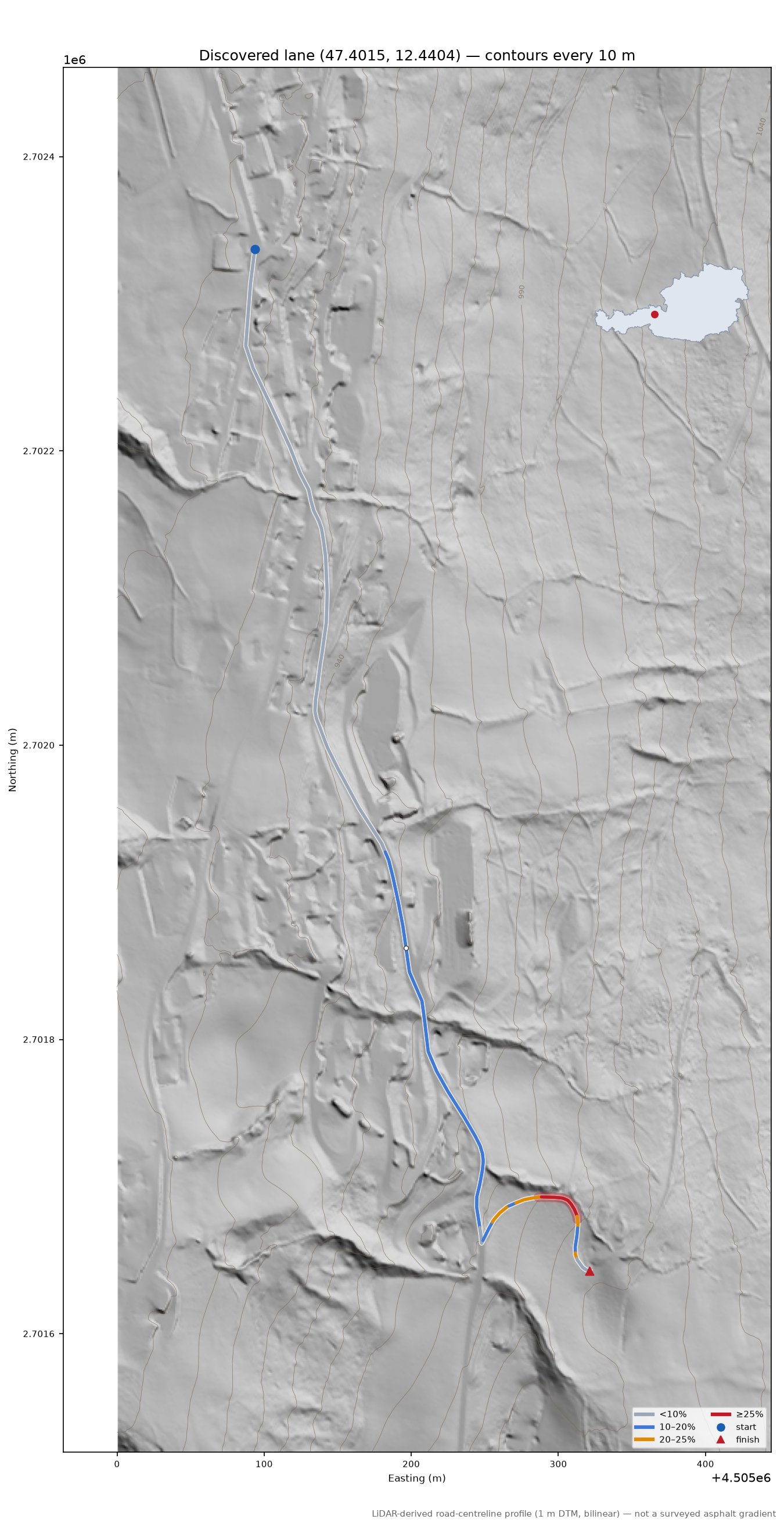 Discovered lane (47.4015, 12.4404) LiDAR hillshade map with contours