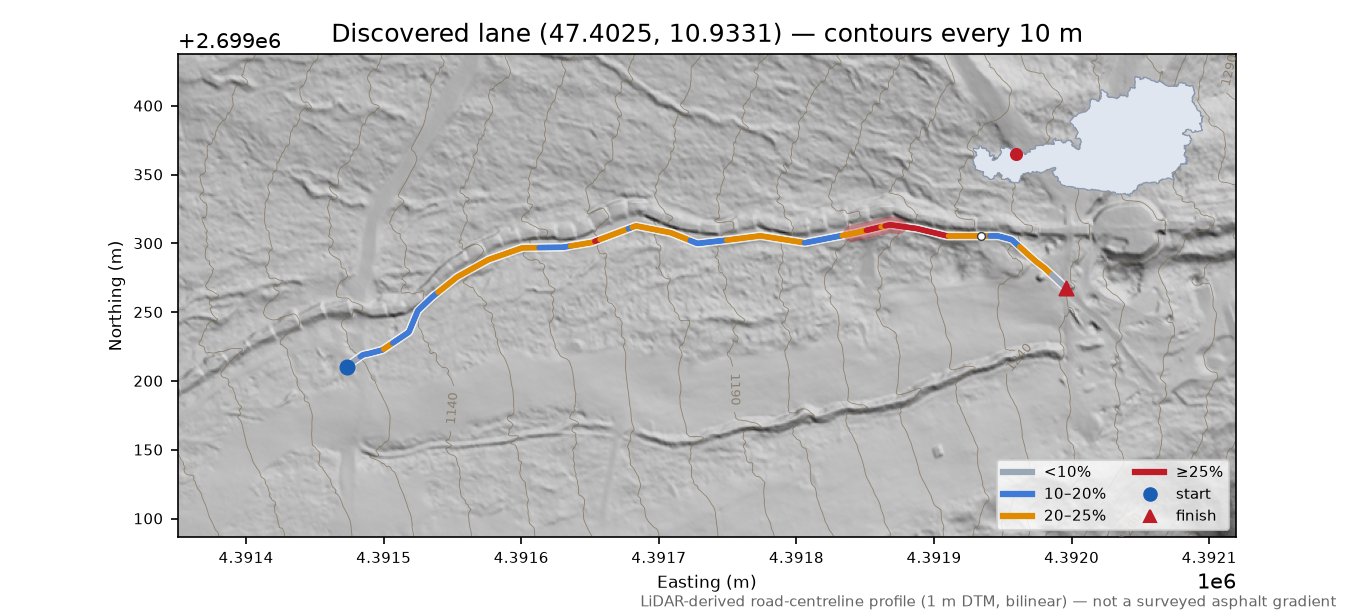 Discovered lane (47.4025, 10.9331) LiDAR hillshade map with contours