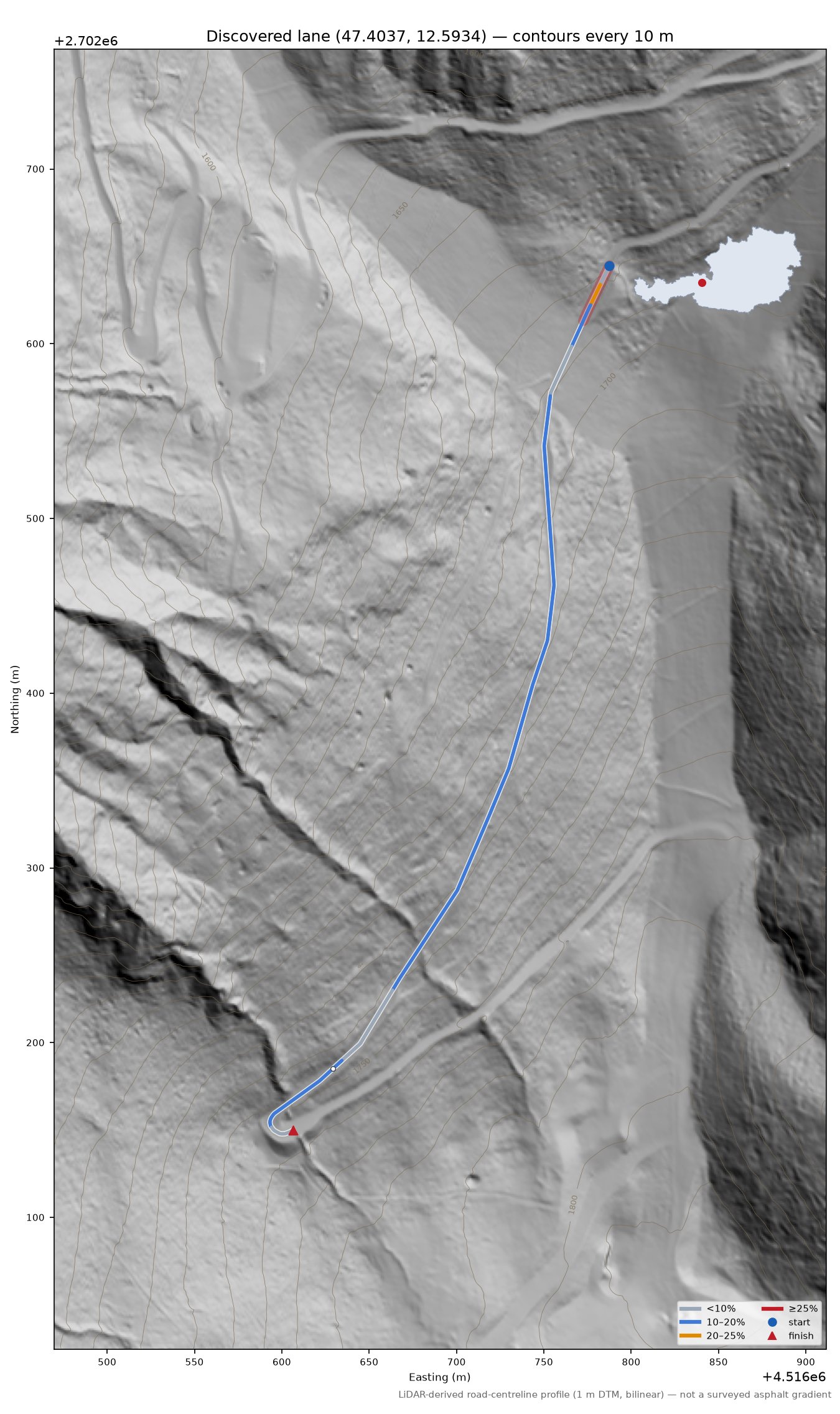 Discovered lane (47.4037, 12.5934) LiDAR hillshade map with contours