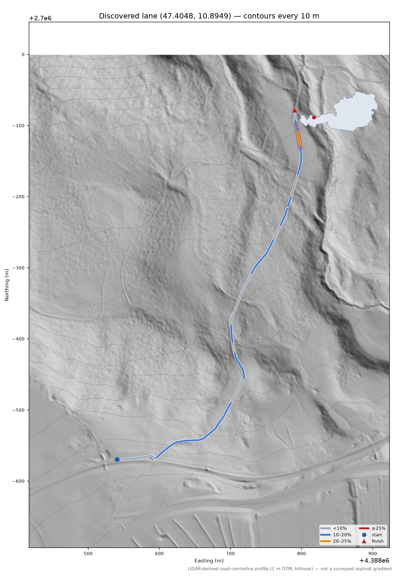 Discovered lane (47.4048, 10.8949) LiDAR hillshade map with contours