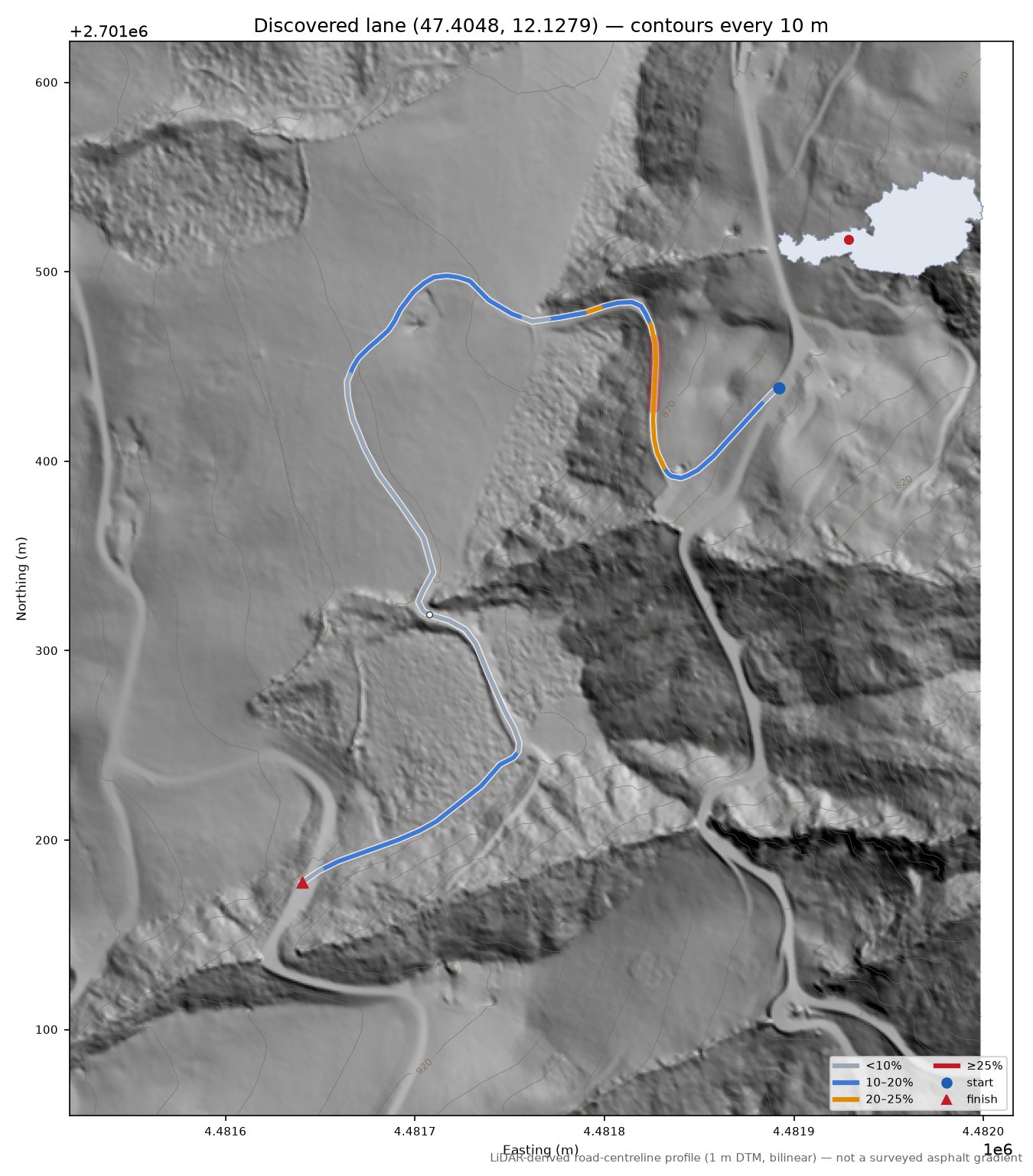 Discovered lane (47.4048, 12.1279) LiDAR hillshade map with contours