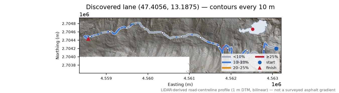 Discovered lane (47.4056, 13.1875) LiDAR hillshade map with contours