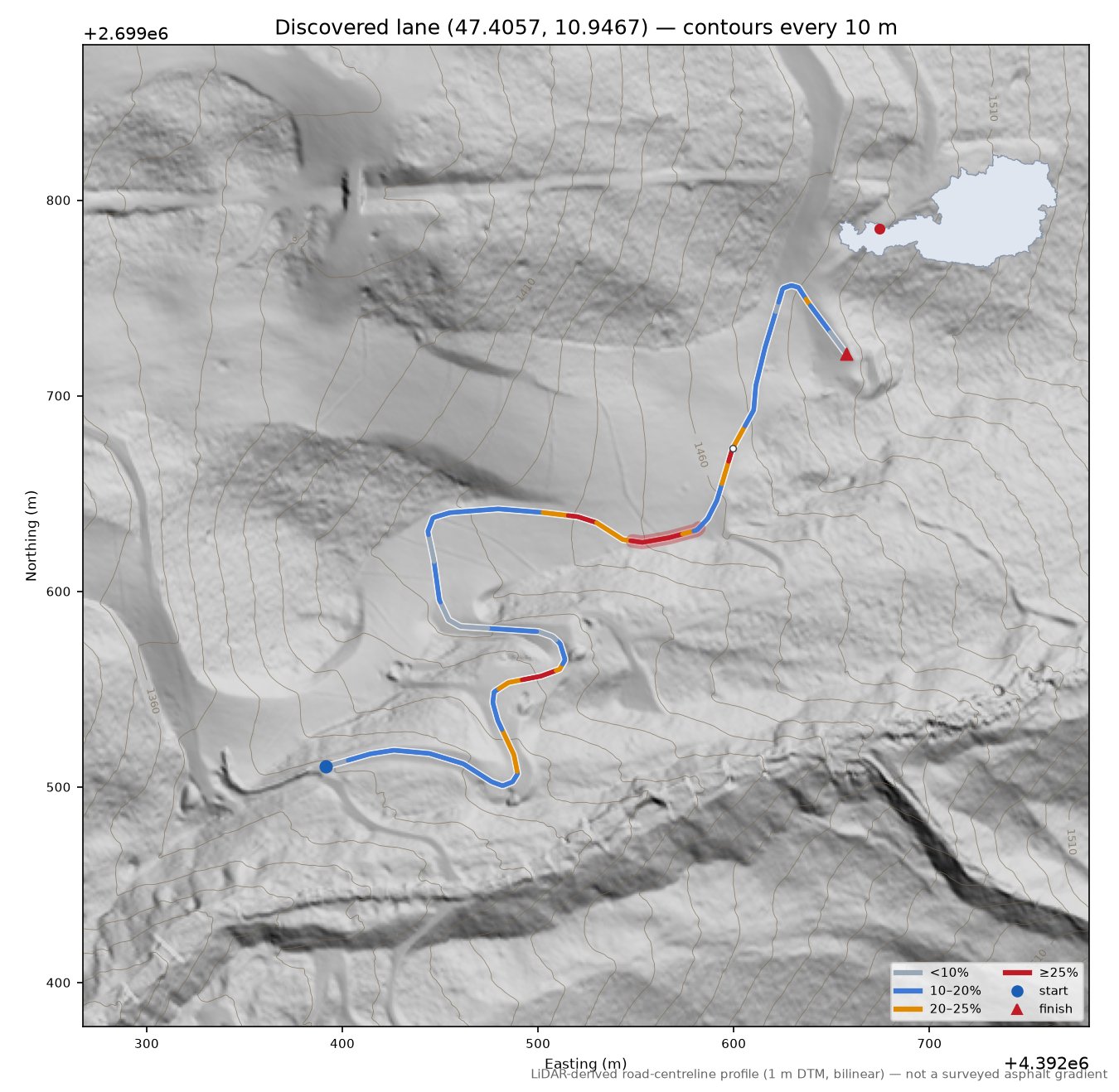 Discovered lane (47.4057, 10.9467) LiDAR hillshade map with contours