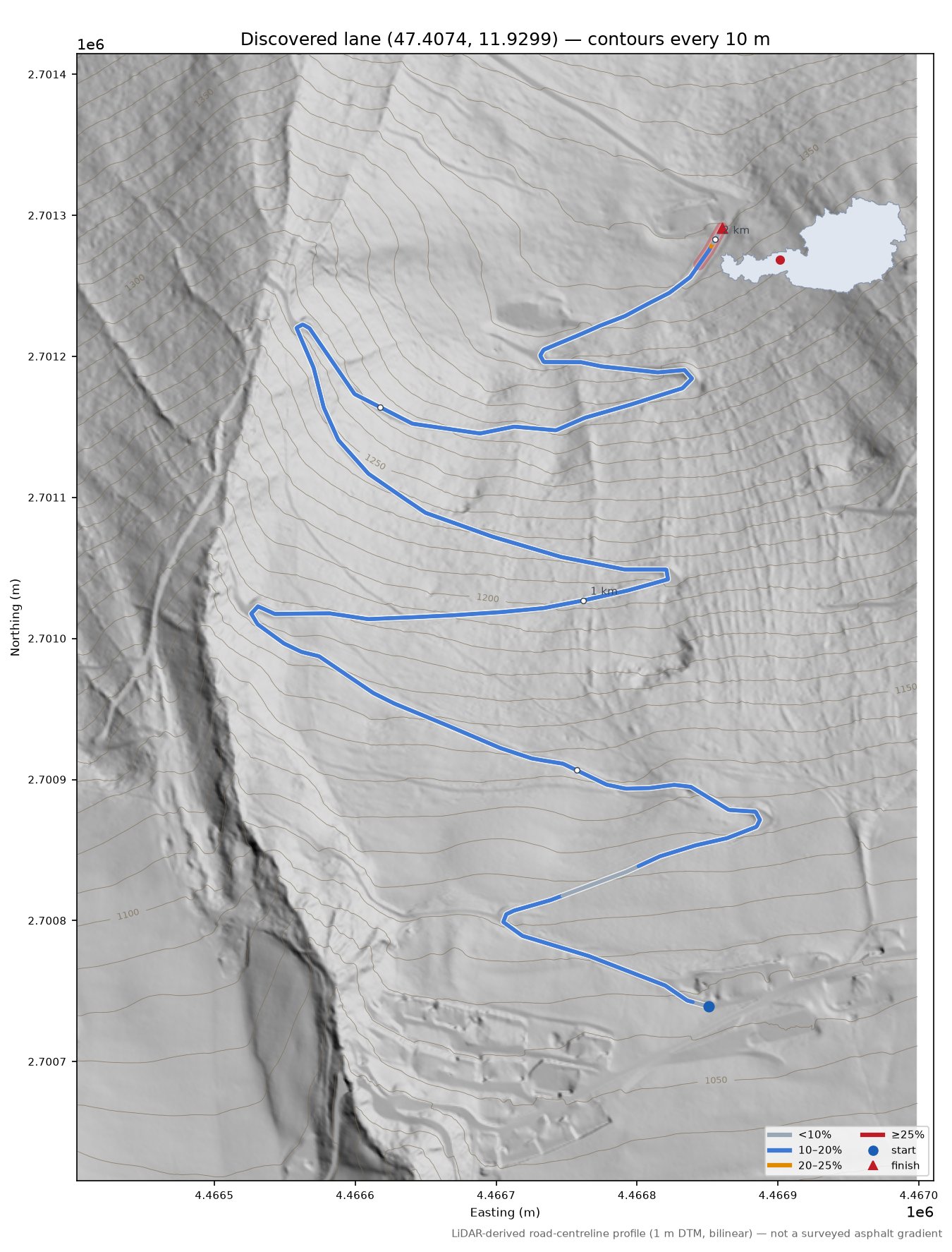 Discovered lane (47.4074, 11.9299) LiDAR hillshade map with contours