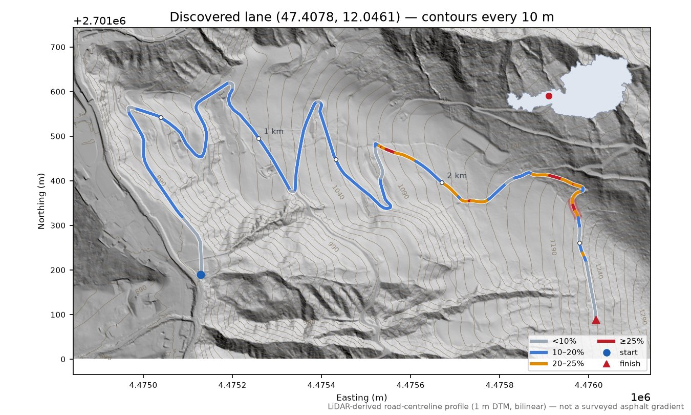 Discovered lane (47.4078, 12.0461) LiDAR hillshade map with contours