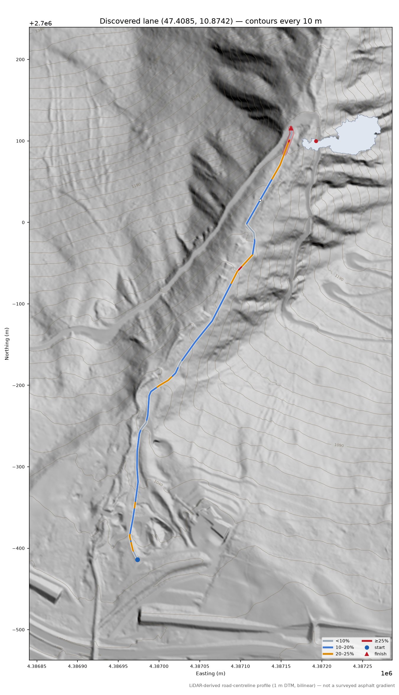 Discovered lane (47.4085, 10.8742) LiDAR hillshade map with contours