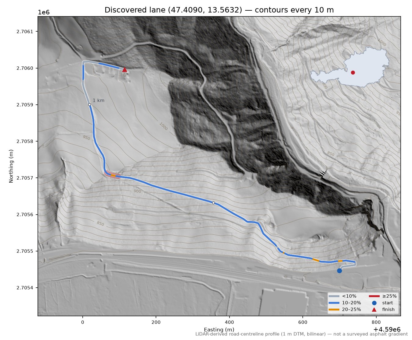 Discovered lane (47.4090, 13.5632) LiDAR hillshade map with contours