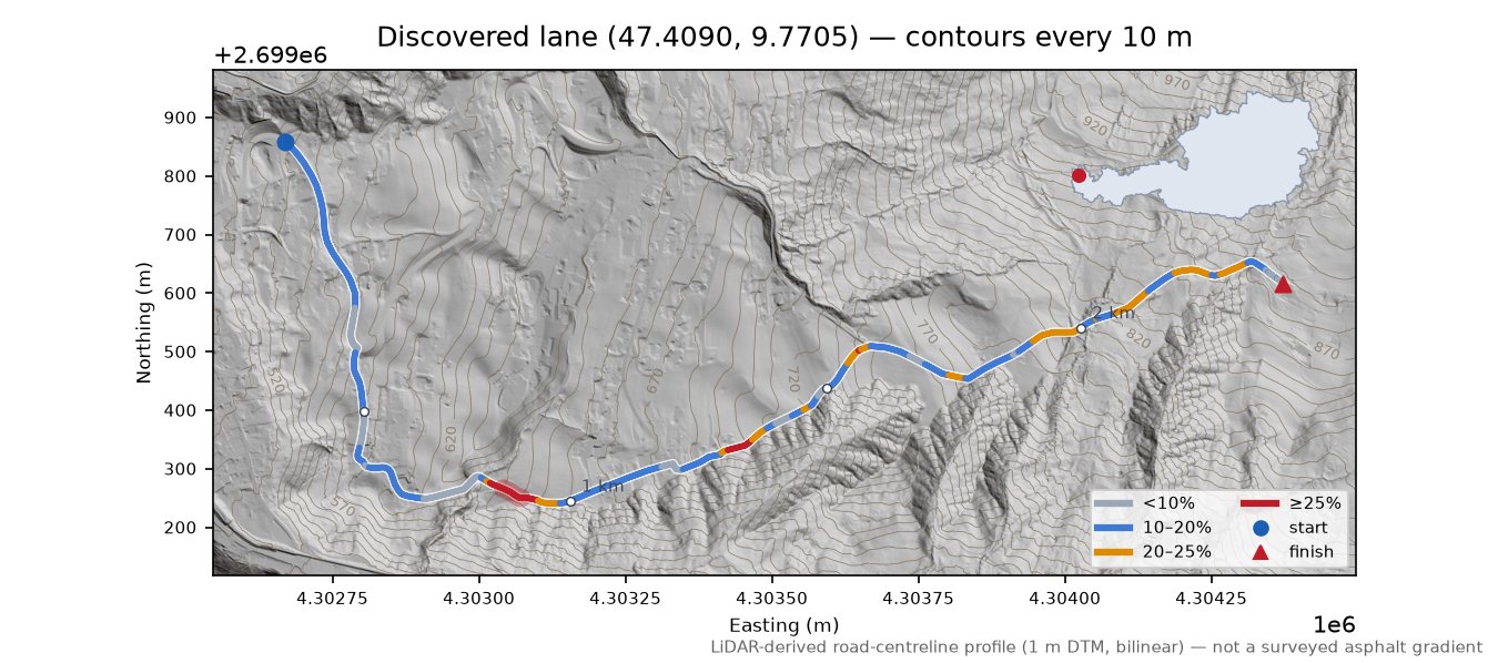 Discovered lane (47.4090, 9.7705) LiDAR hillshade map with contours