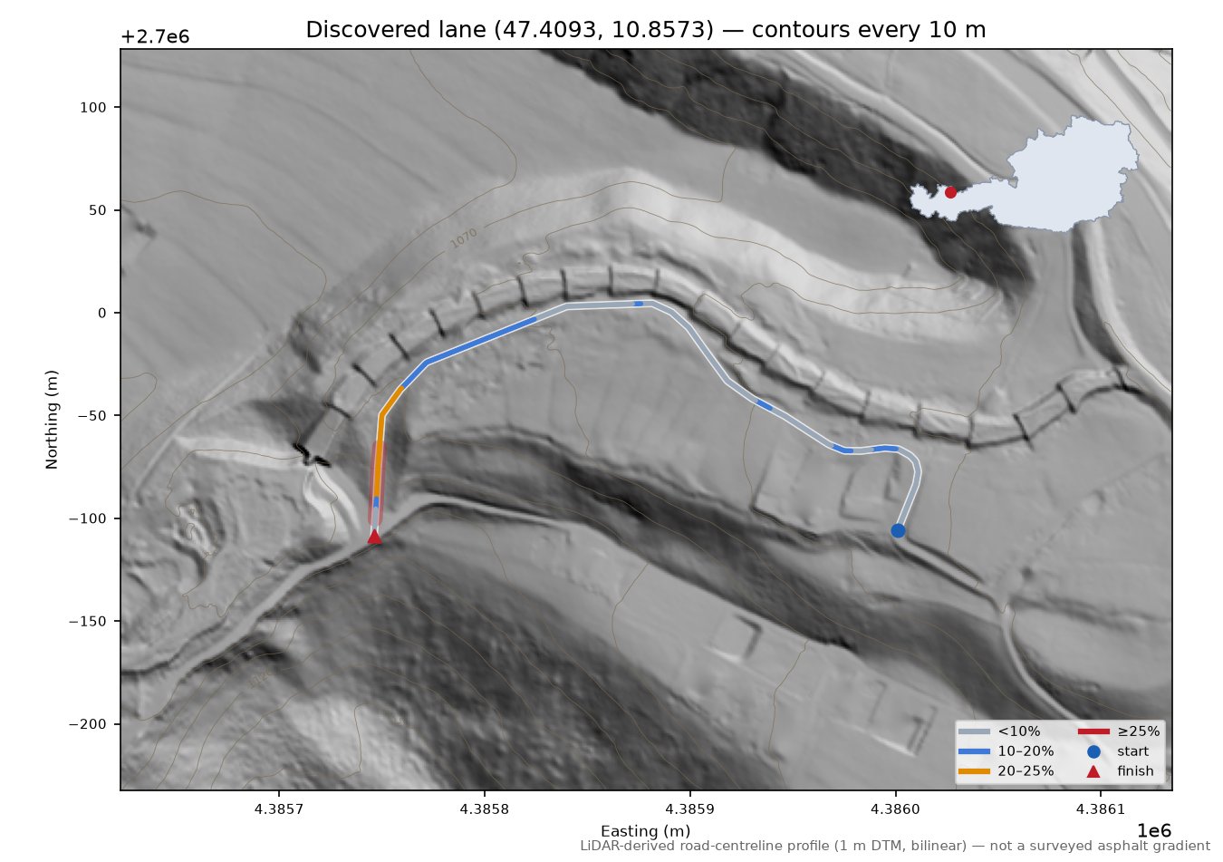 Discovered lane (47.4093, 10.8573) LiDAR hillshade map with contours