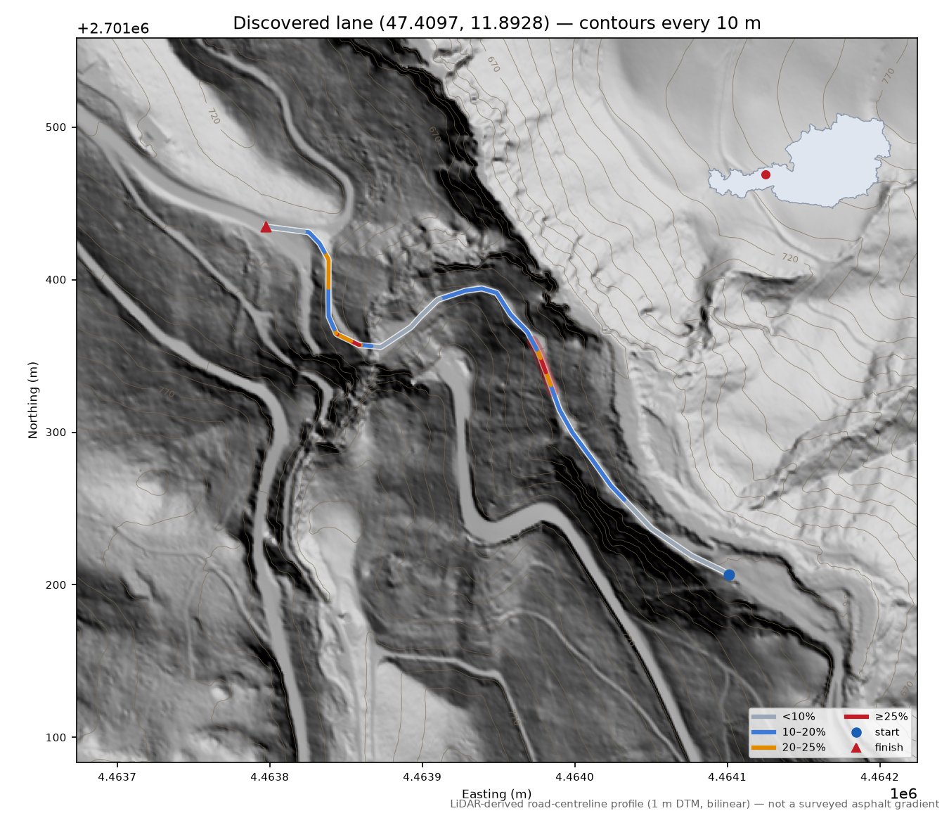 Discovered lane (47.4097, 11.8928) LiDAR hillshade map with contours