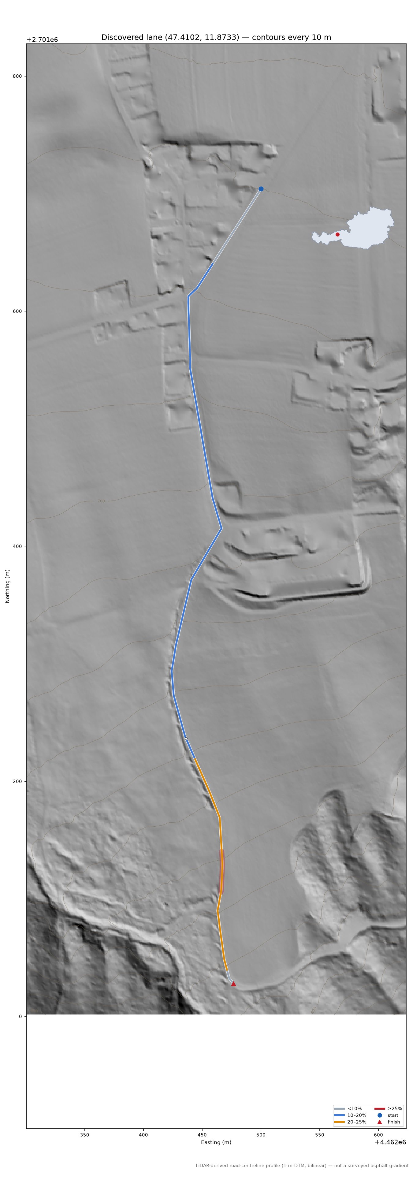 Discovered lane (47.4102, 11.8733) LiDAR hillshade map with contours