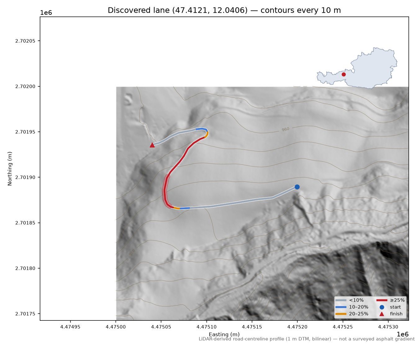 Discovered lane (47.4121, 12.0406) LiDAR hillshade map with contours