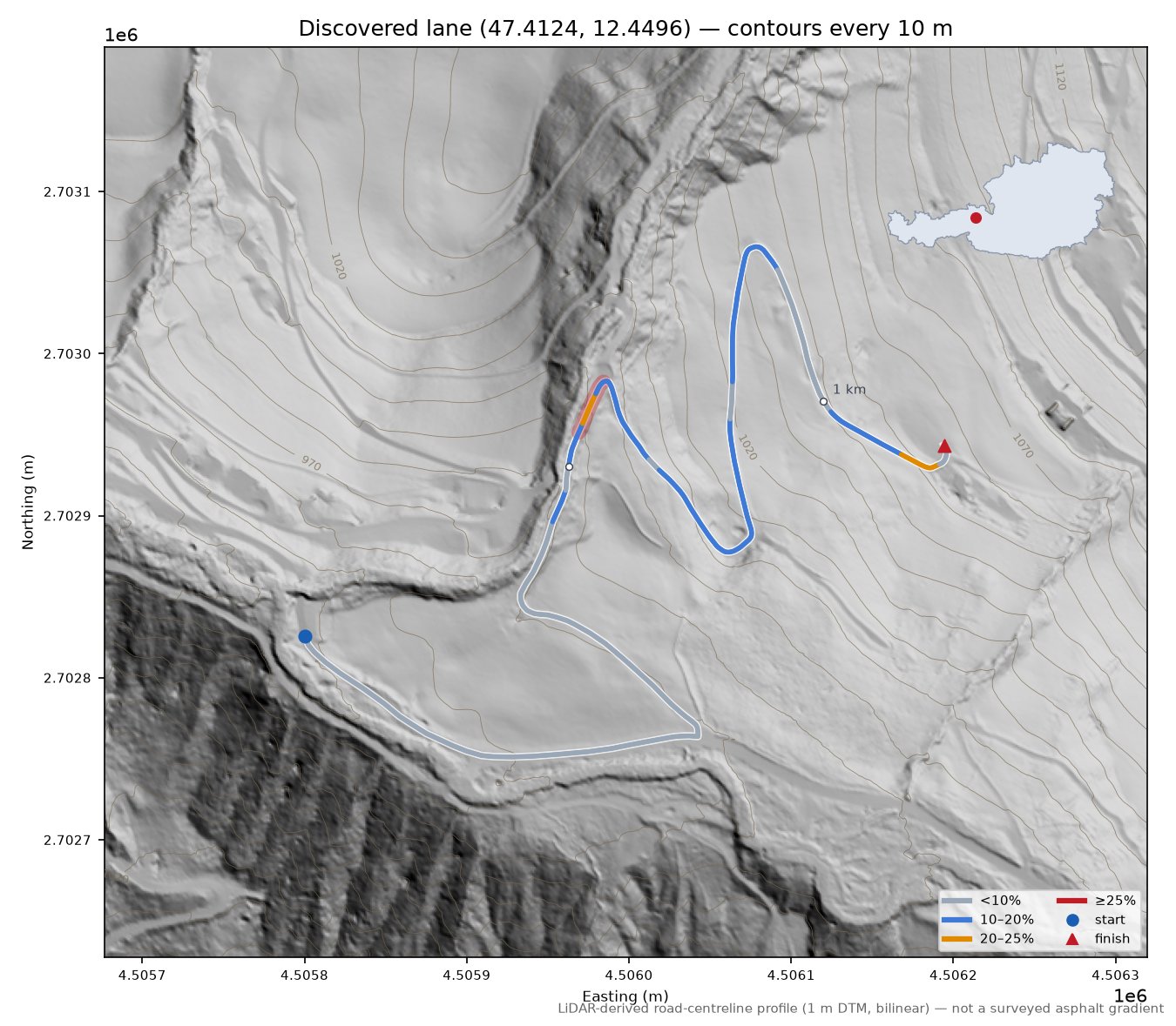 Discovered lane (47.4124, 12.4496) LiDAR hillshade map with contours