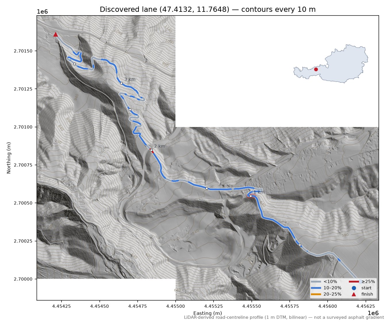 Discovered lane (47.4132, 11.7648) LiDAR hillshade map with contours