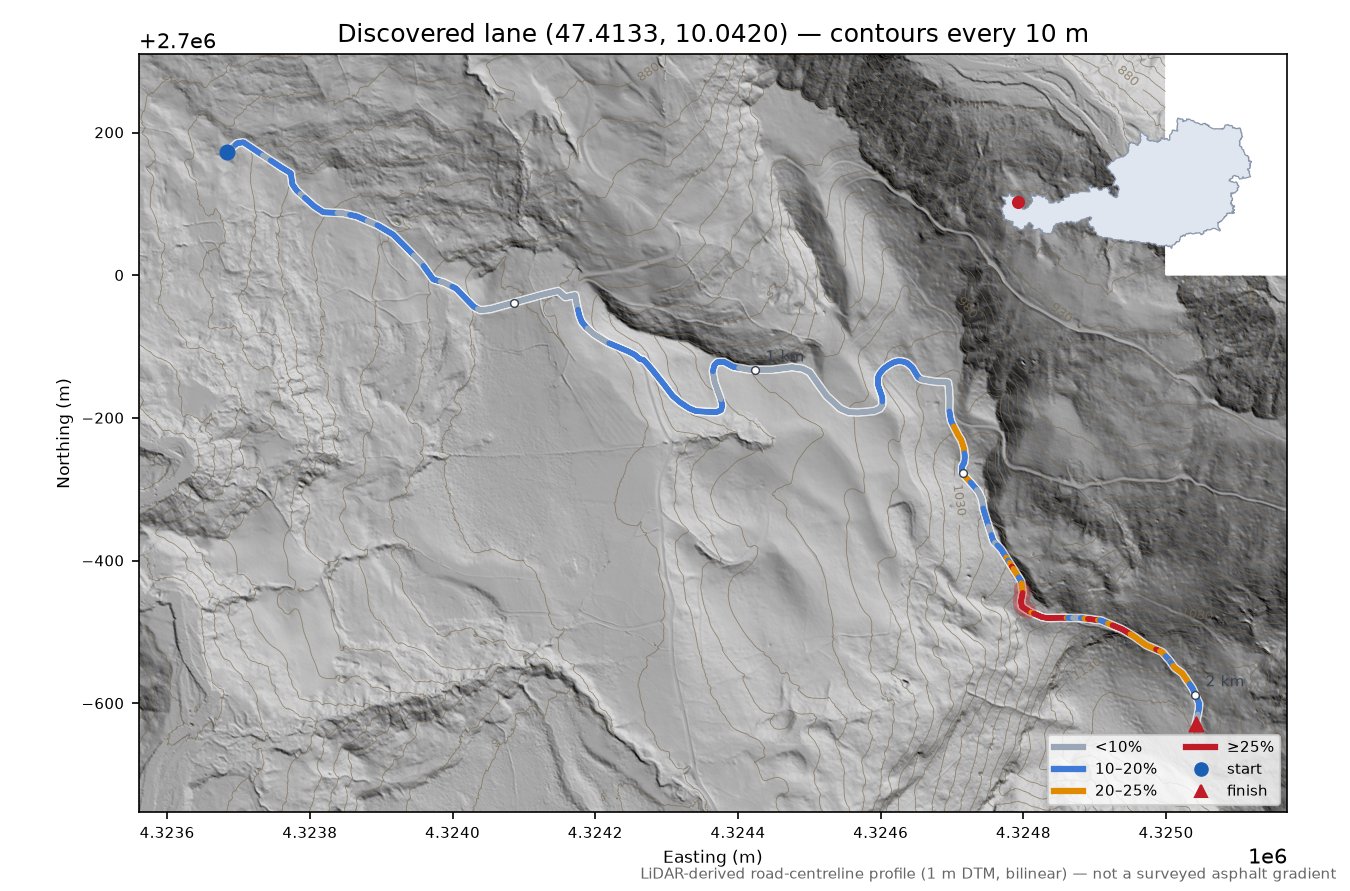 Discovered lane (47.4133, 10.0420) LiDAR hillshade map with contours