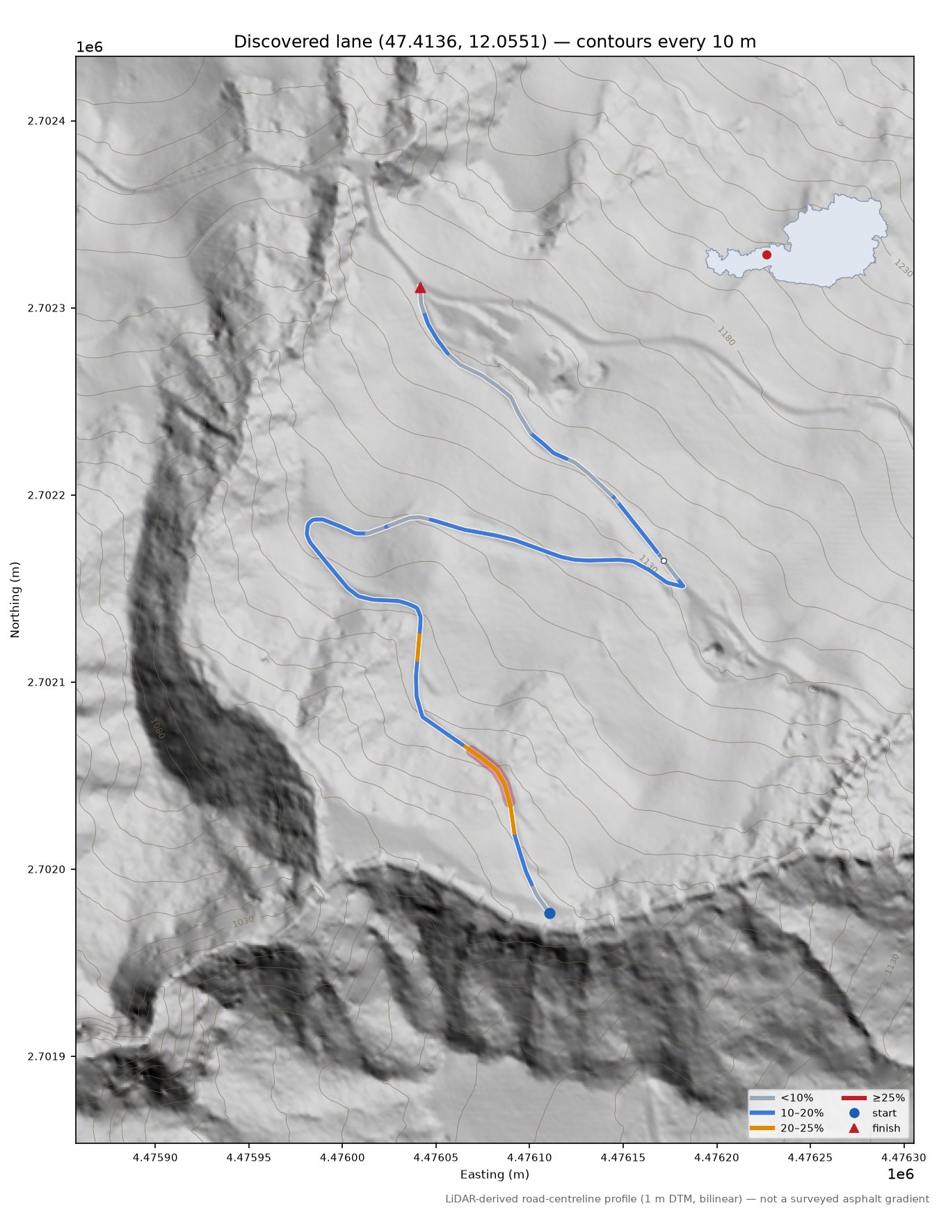 Discovered lane (47.4136, 12.0551) LiDAR hillshade map with contours