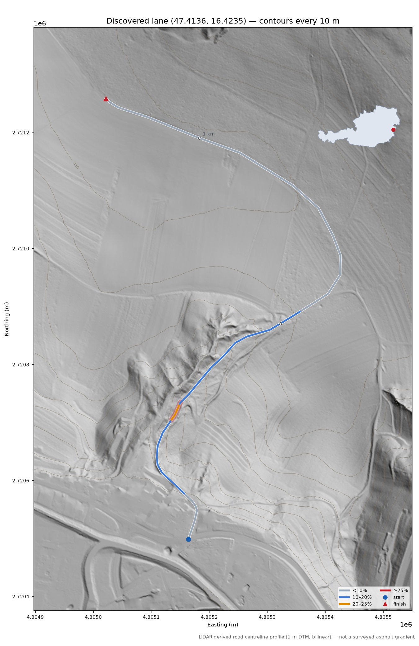 Discovered lane (47.4136, 16.4235) LiDAR hillshade map with contours