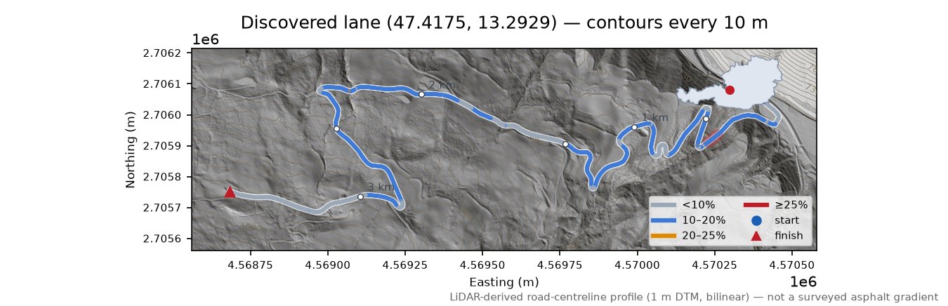 Discovered lane (47.4175, 13.2929) LiDAR hillshade map with contours