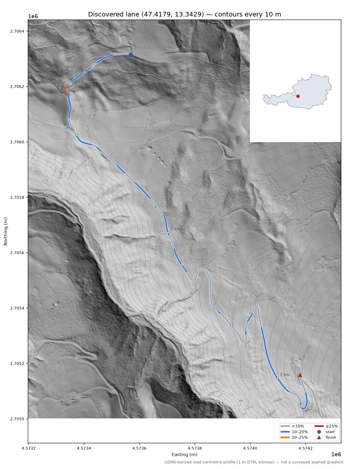 Discovered lane (47.4179, 13.3429) LiDAR hillshade map with contours