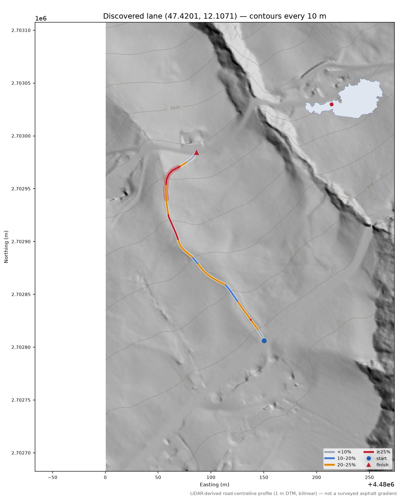 Discovered lane (47.4201, 12.1071) LiDAR hillshade map with contours