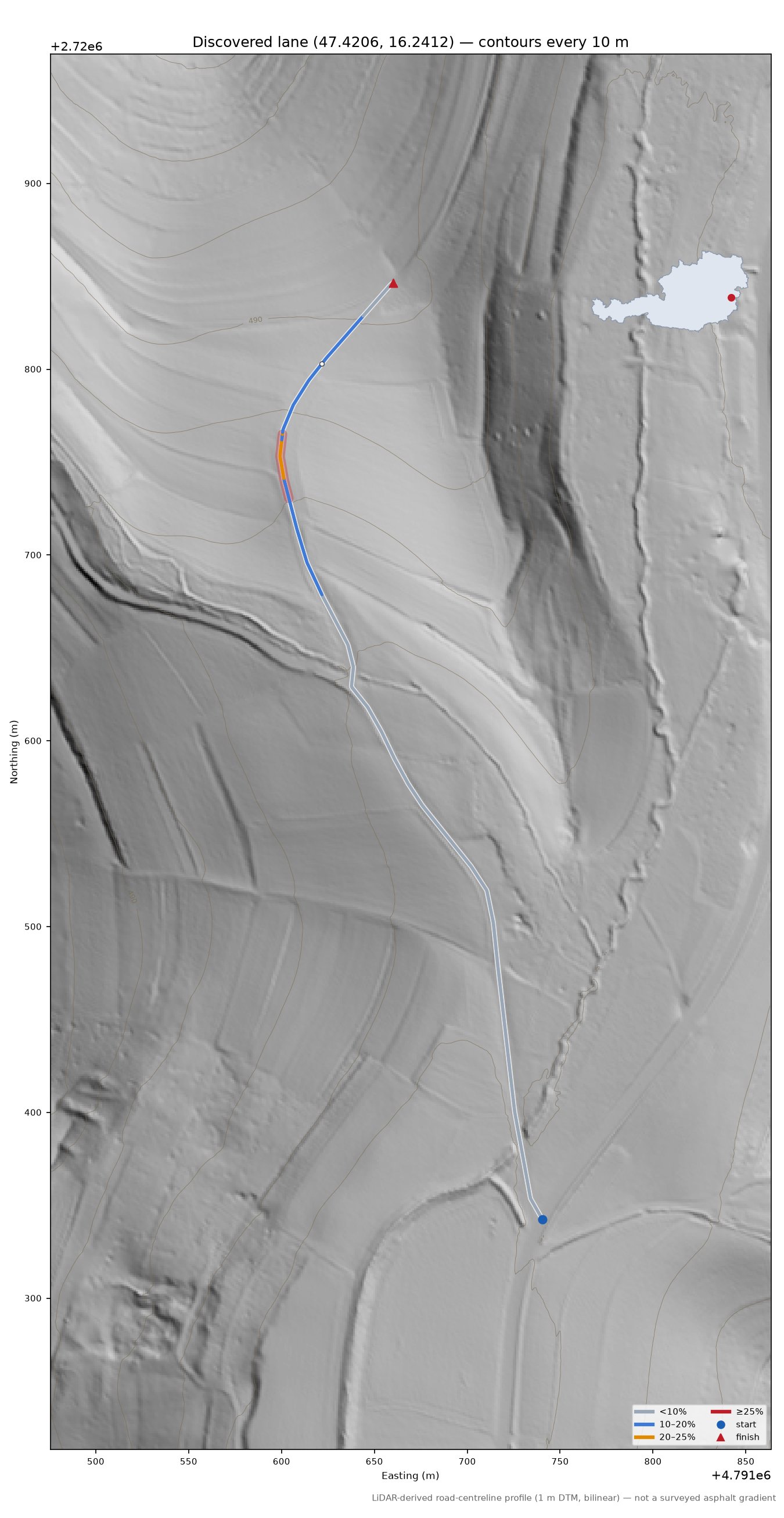 Discovered lane (47.4206, 16.2412) LiDAR hillshade map with contours