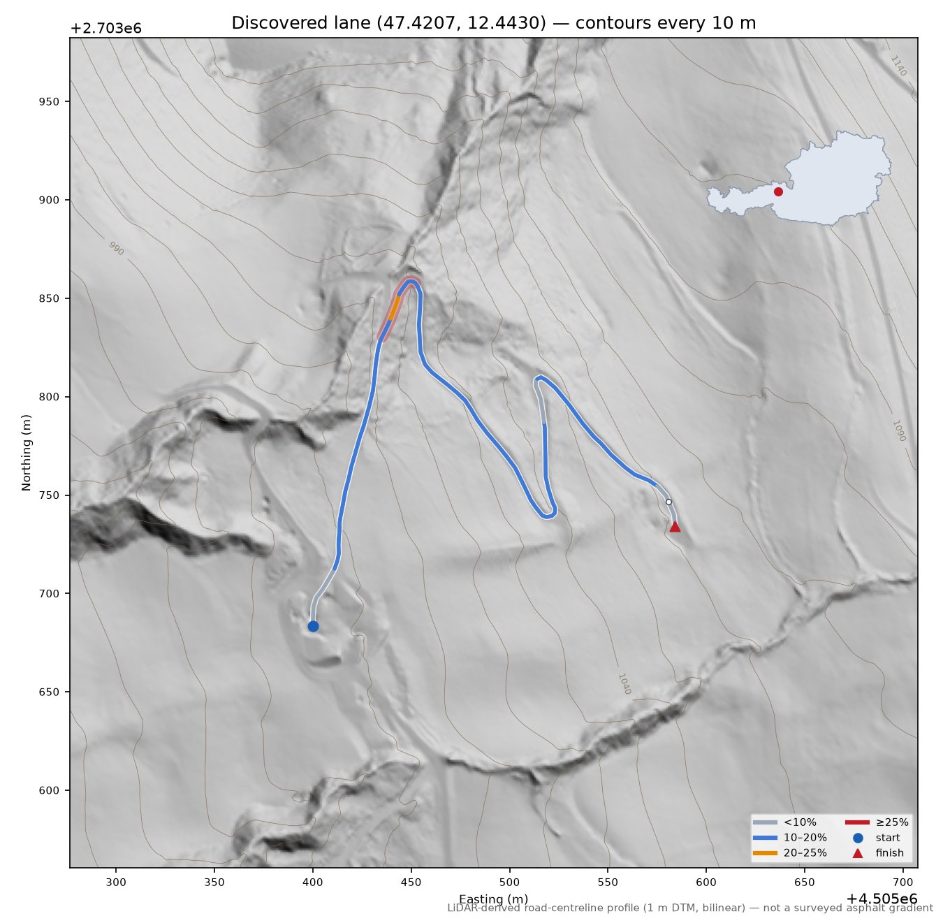 Discovered lane (47.4207, 12.4430) LiDAR hillshade map with contours