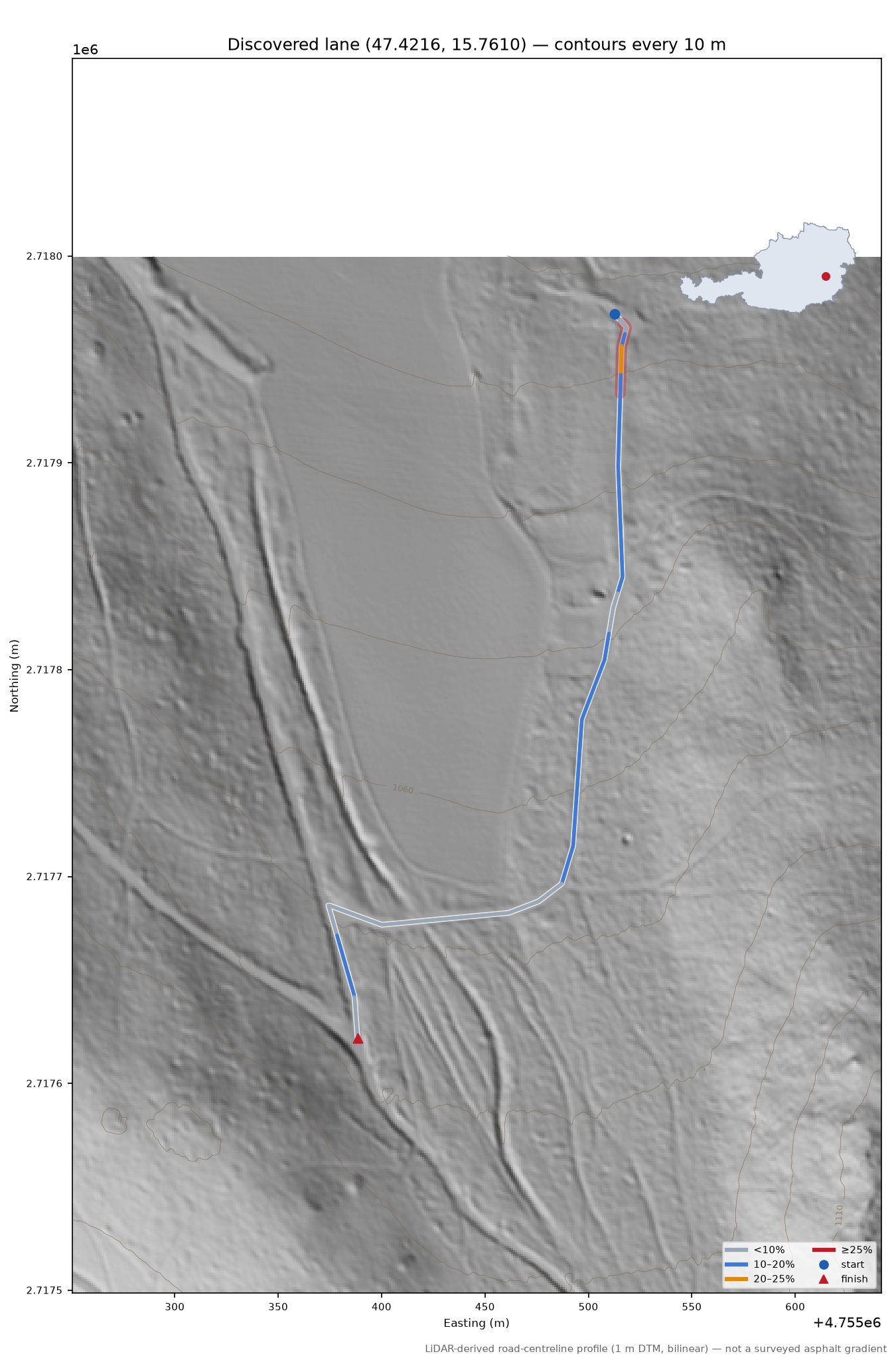 Discovered lane (47.4216, 15.7610) LiDAR hillshade map with contours