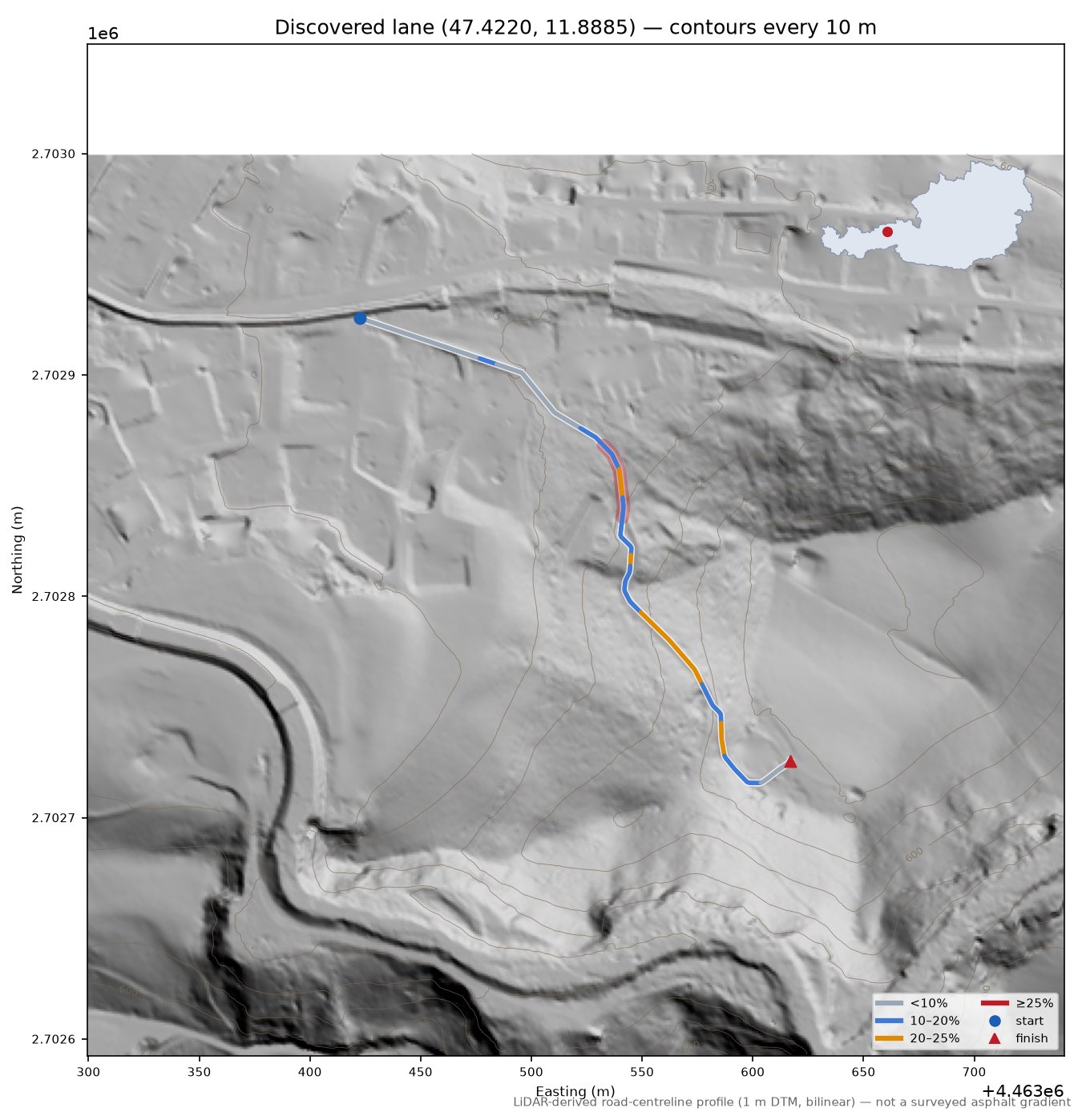 Discovered lane (47.4220, 11.8885) LiDAR hillshade map with contours