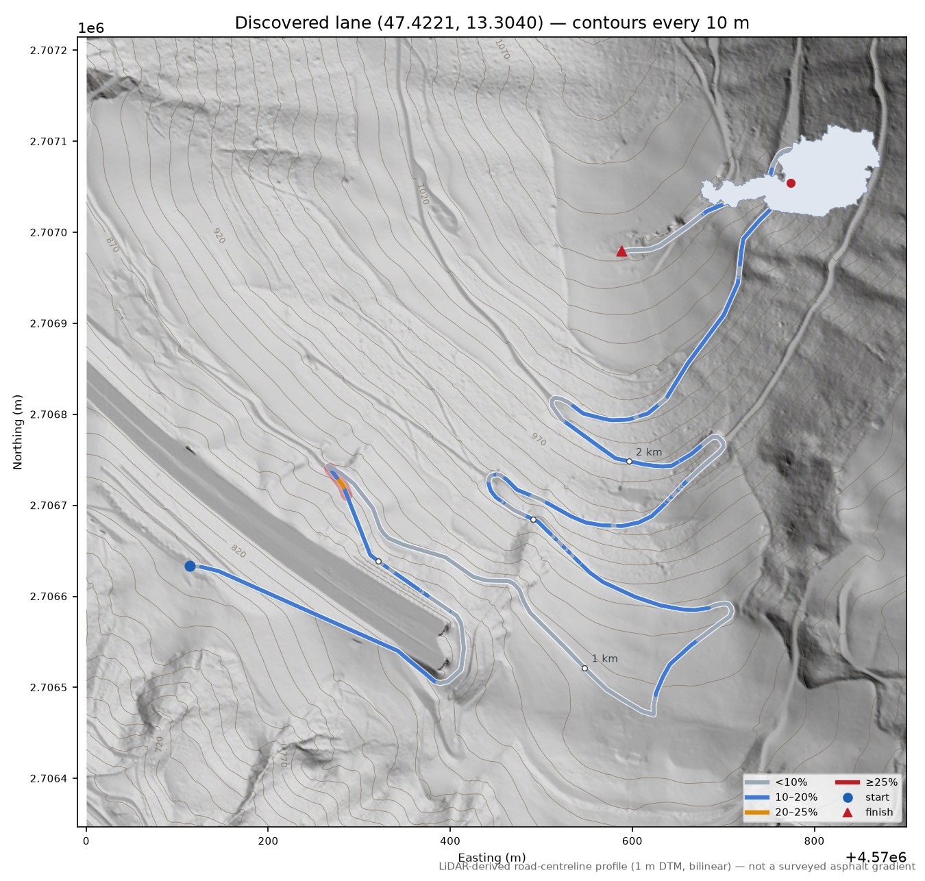Discovered lane (47.4221, 13.3040) LiDAR hillshade map with contours