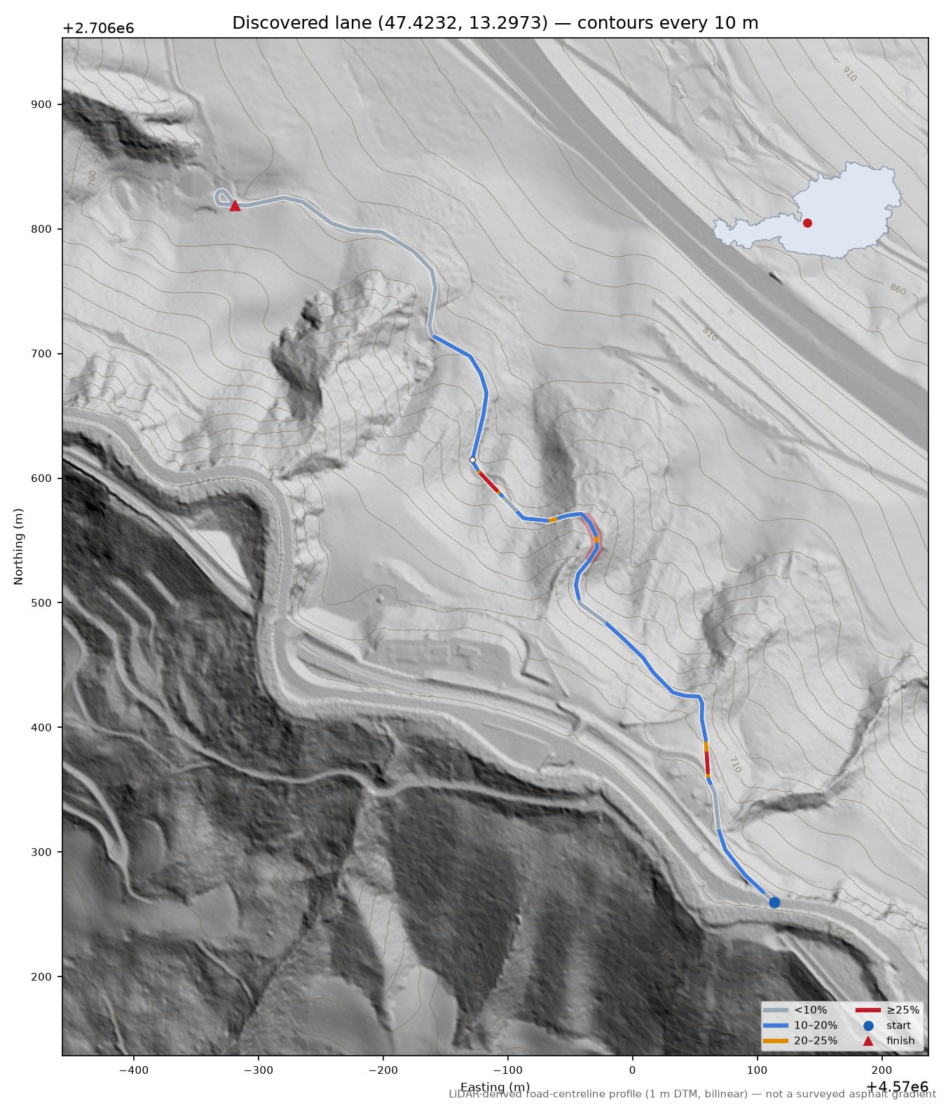 Discovered lane (47.4232, 13.2973) LiDAR hillshade map with contours