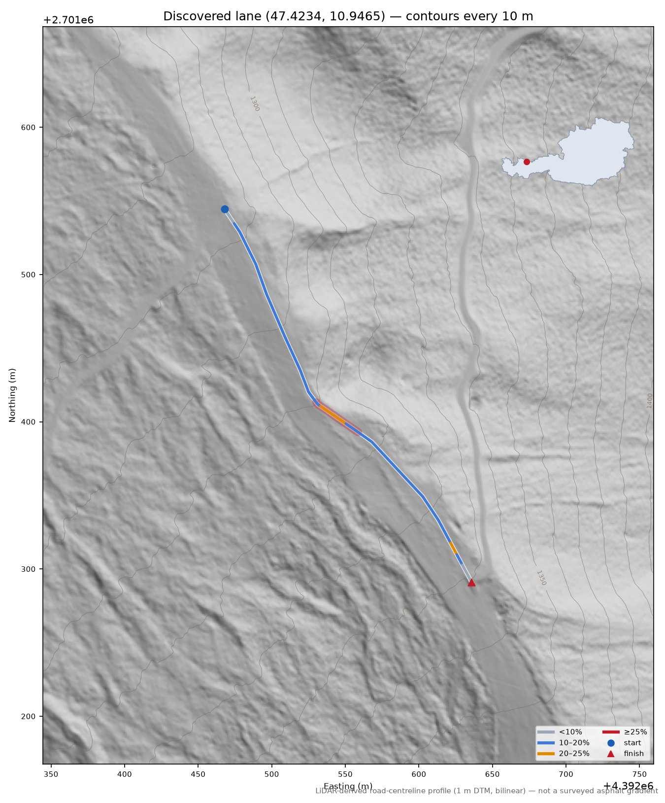 Discovered lane (47.4234, 10.9465) LiDAR hillshade map with contours
