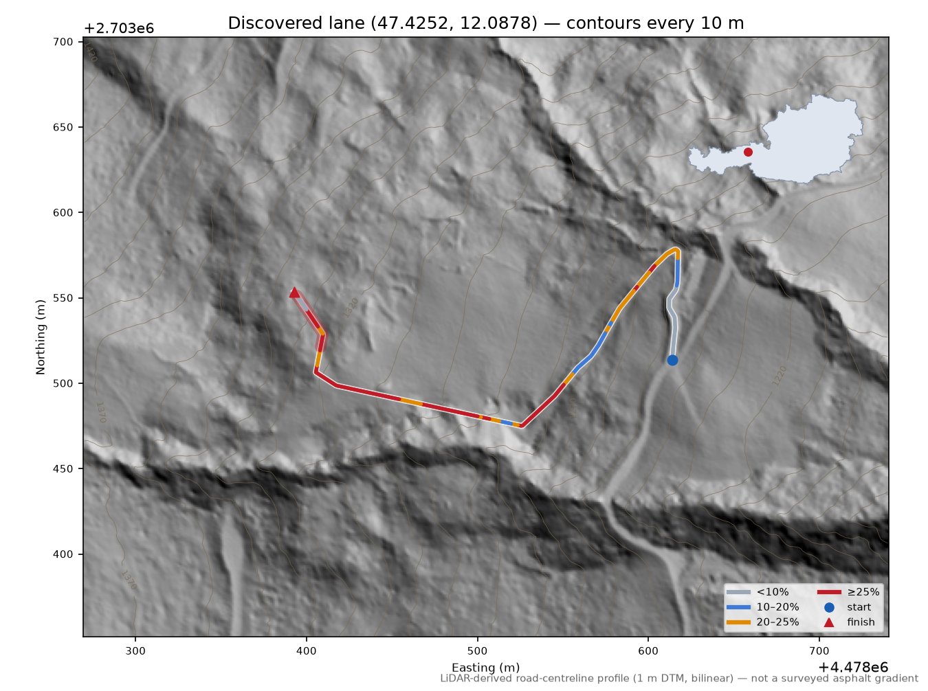 Discovered lane (47.4252, 12.0878) LiDAR hillshade map with contours