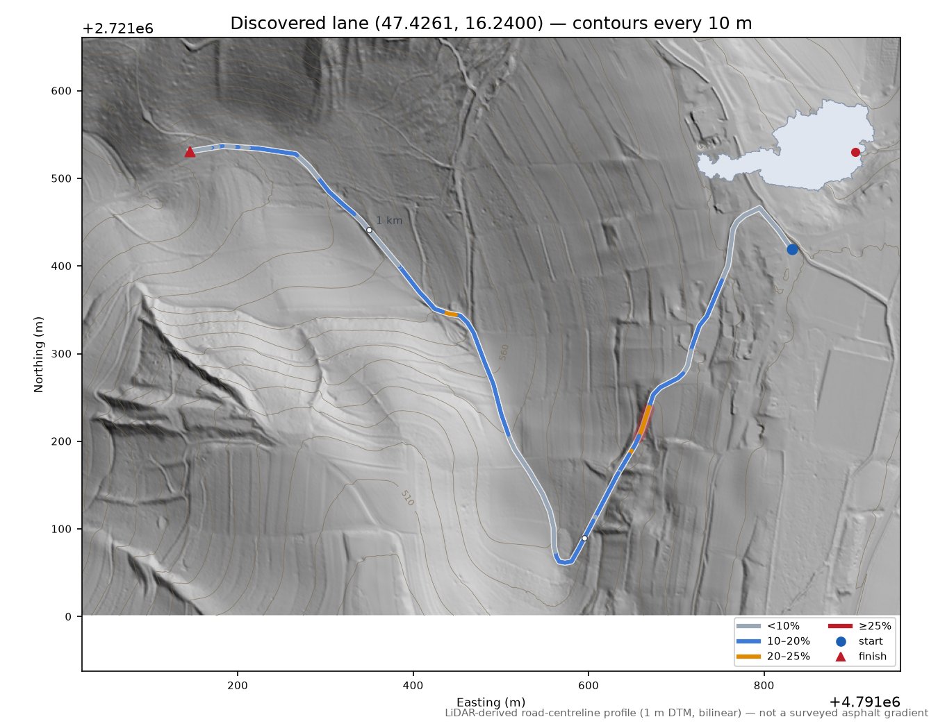 Discovered lane (47.4261, 16.2400) LiDAR hillshade map with contours