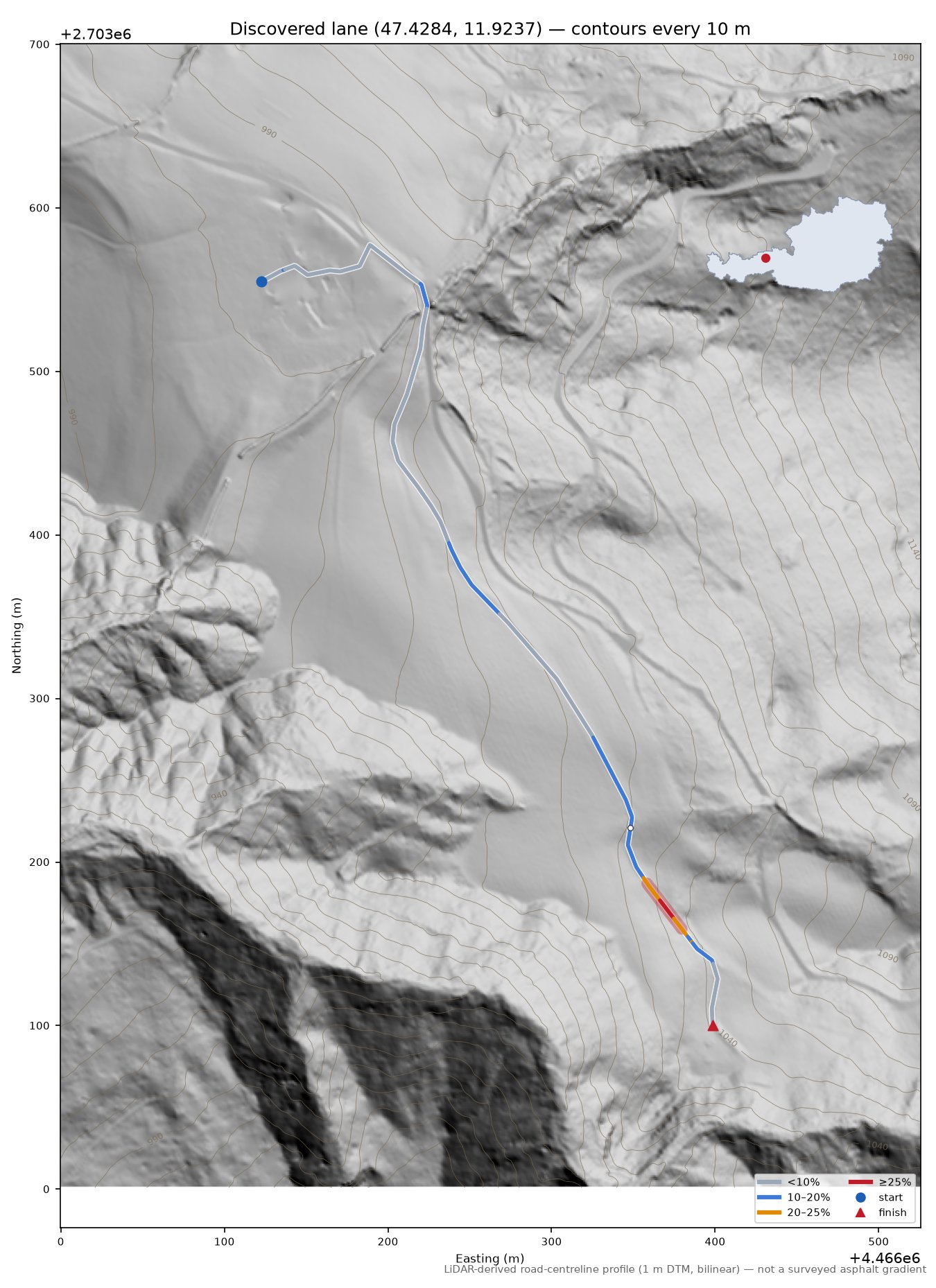 Discovered lane (47.4284, 11.9237) LiDAR hillshade map with contours