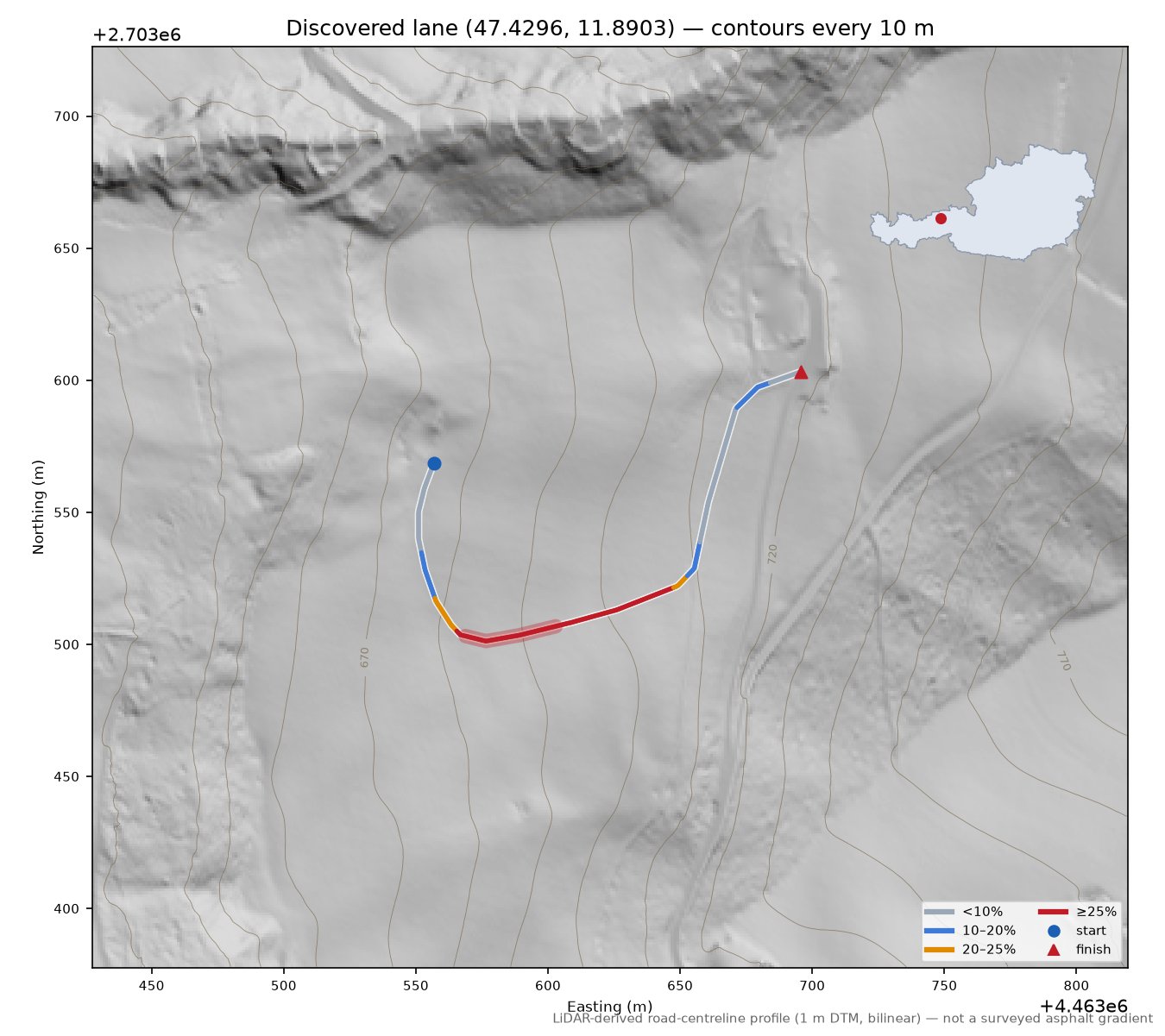 Discovered lane (47.4296, 11.8903) LiDAR hillshade map with contours