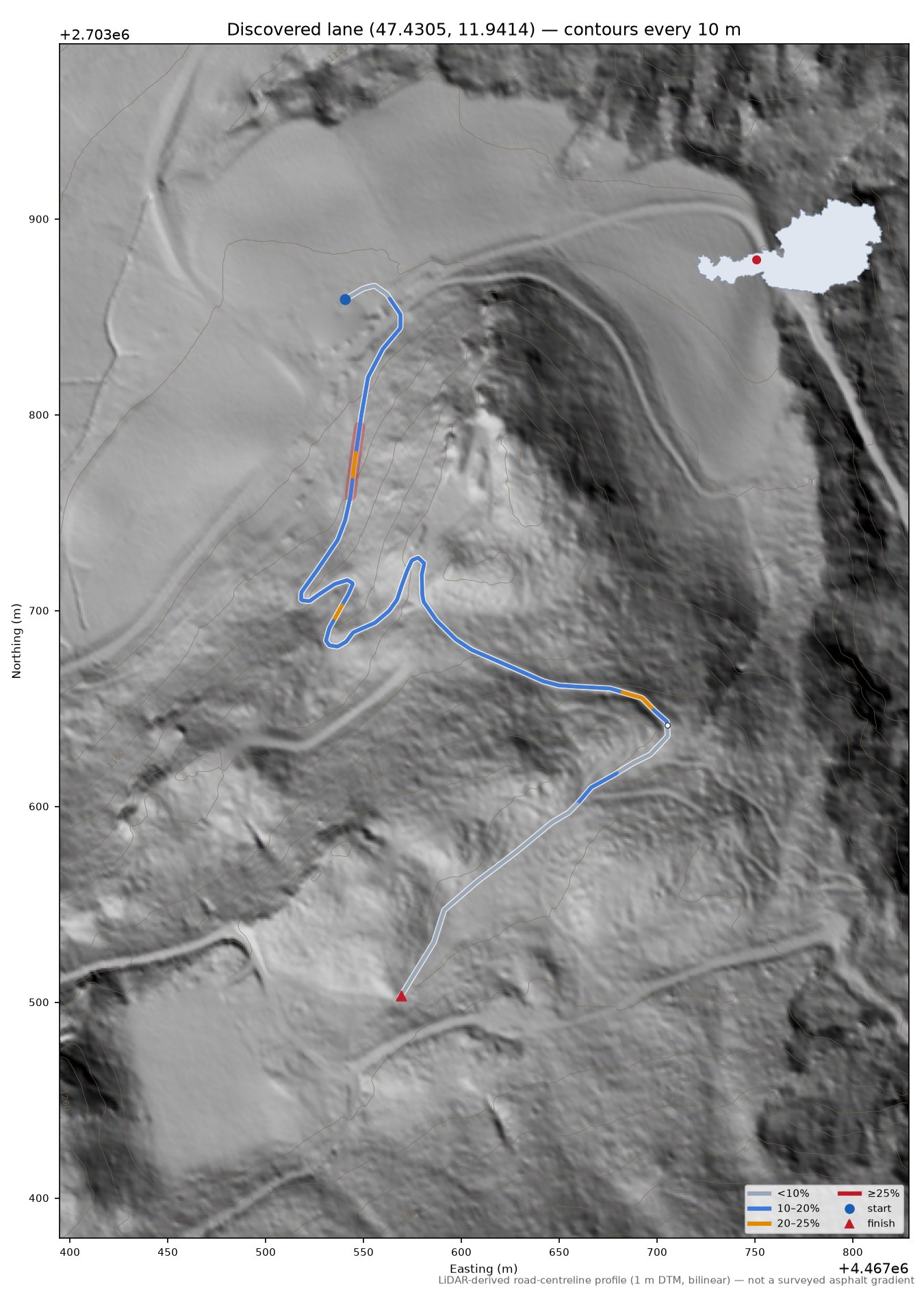 Discovered lane (47.4305, 11.9414) LiDAR hillshade map with contours
