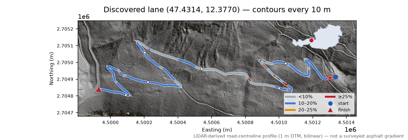 Discovered lane (47.4314, 12.3770) LiDAR hillshade map with contours